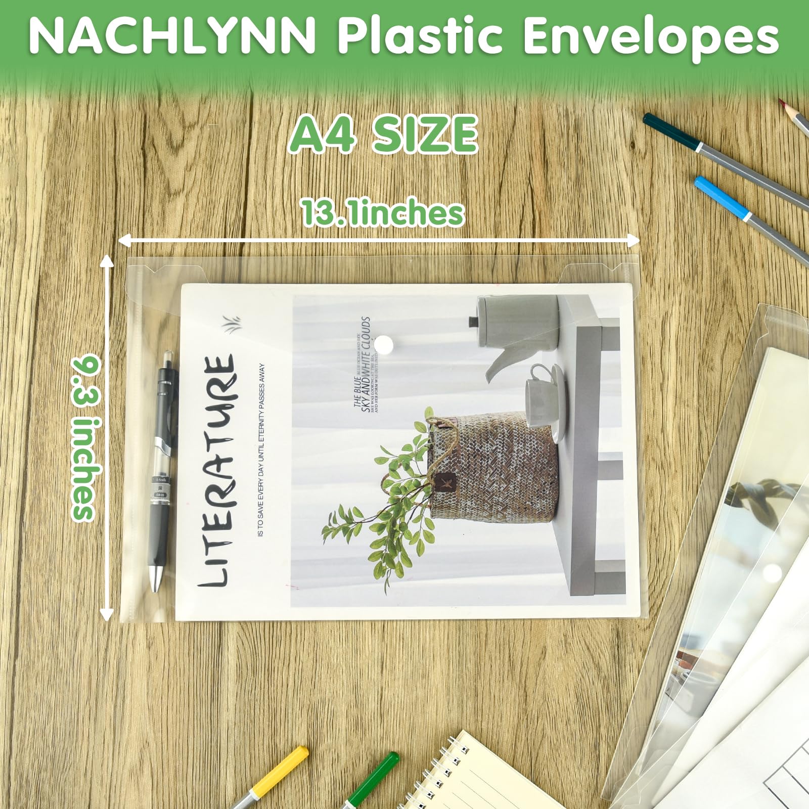 NACHLYNN Confezione da 108 buste in plastica, formato A4, resistenti all'acqua, con chiusura a scatto, cartelle per documenti, buste trasparenti per scuola e ufficio