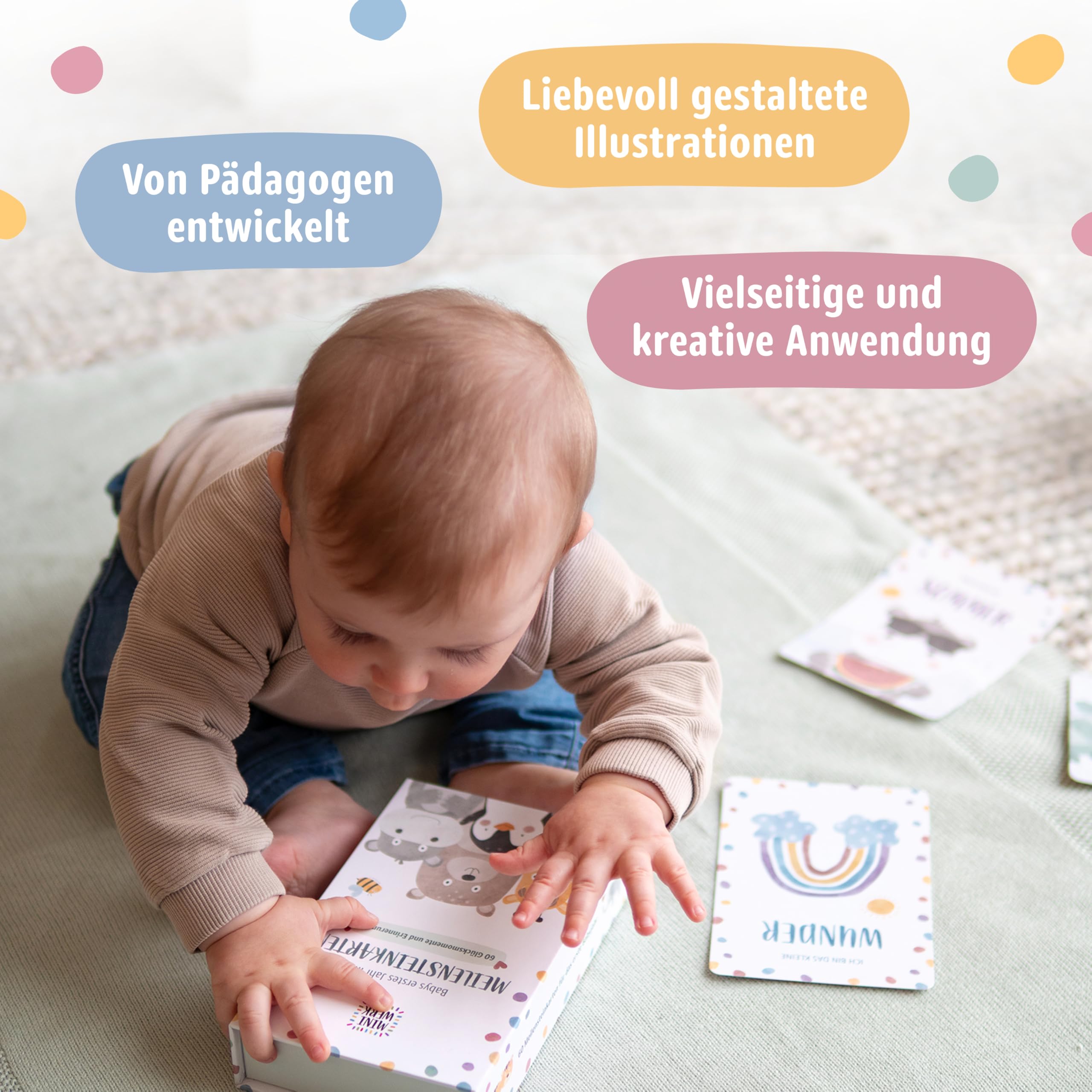 Miniwerk Meilensteinkarten Baby 60 Stück – persönliches Geschenk zur Geburt, Erinnerungsbox Baby, Babytagebuch, Ergänzung zur Baby Erstausstattung für Neugeborene und Eltern, Kontrastkarten Baby