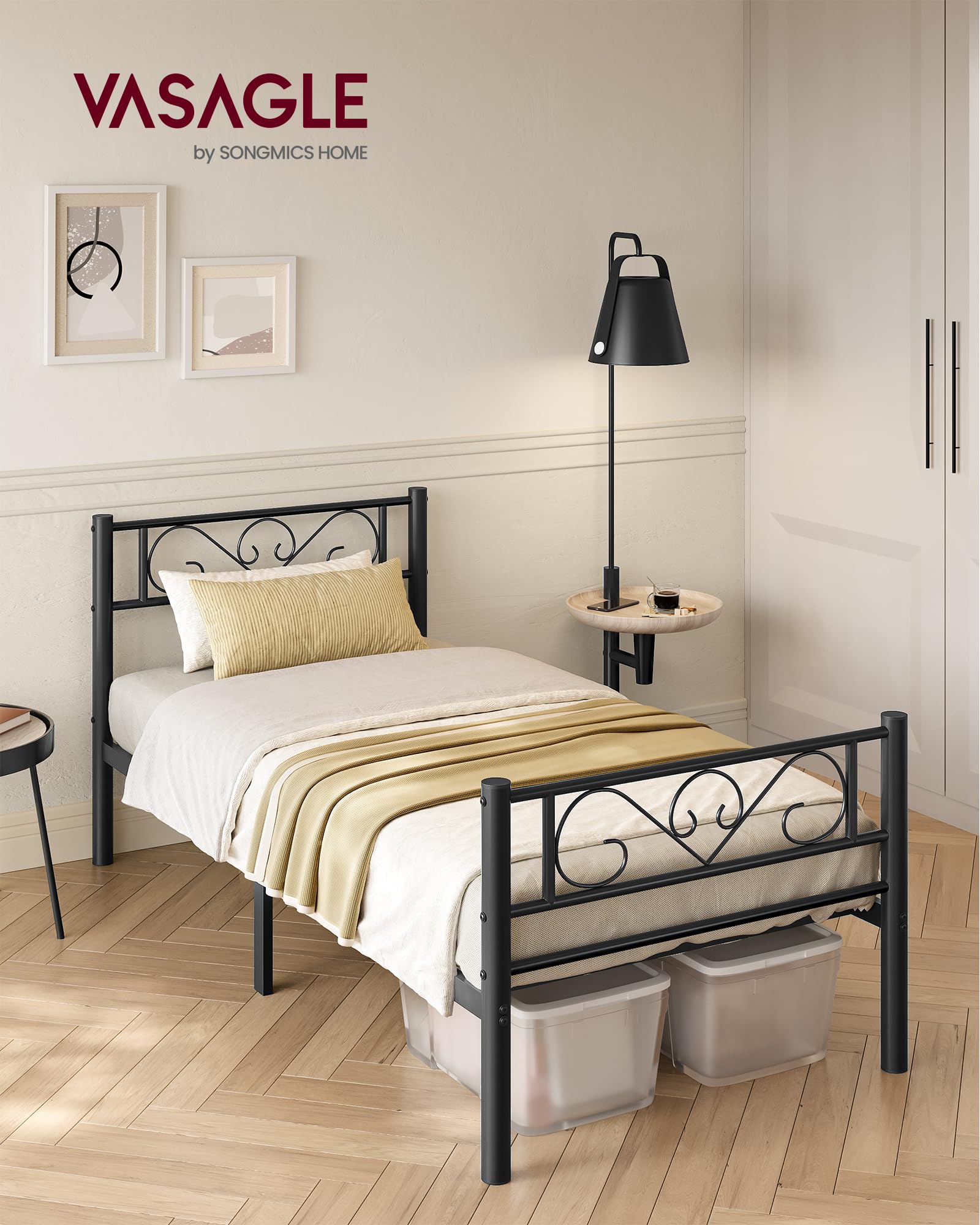 VASAGLE Cadre de Lit 90 x 190 avec Sommier Métal, Lit 1 Personne, en Métal, Montage Facile, pour Petits Espaces, Chambre d’Amis, Chambre Ado, Noir d'encre RMB061B01