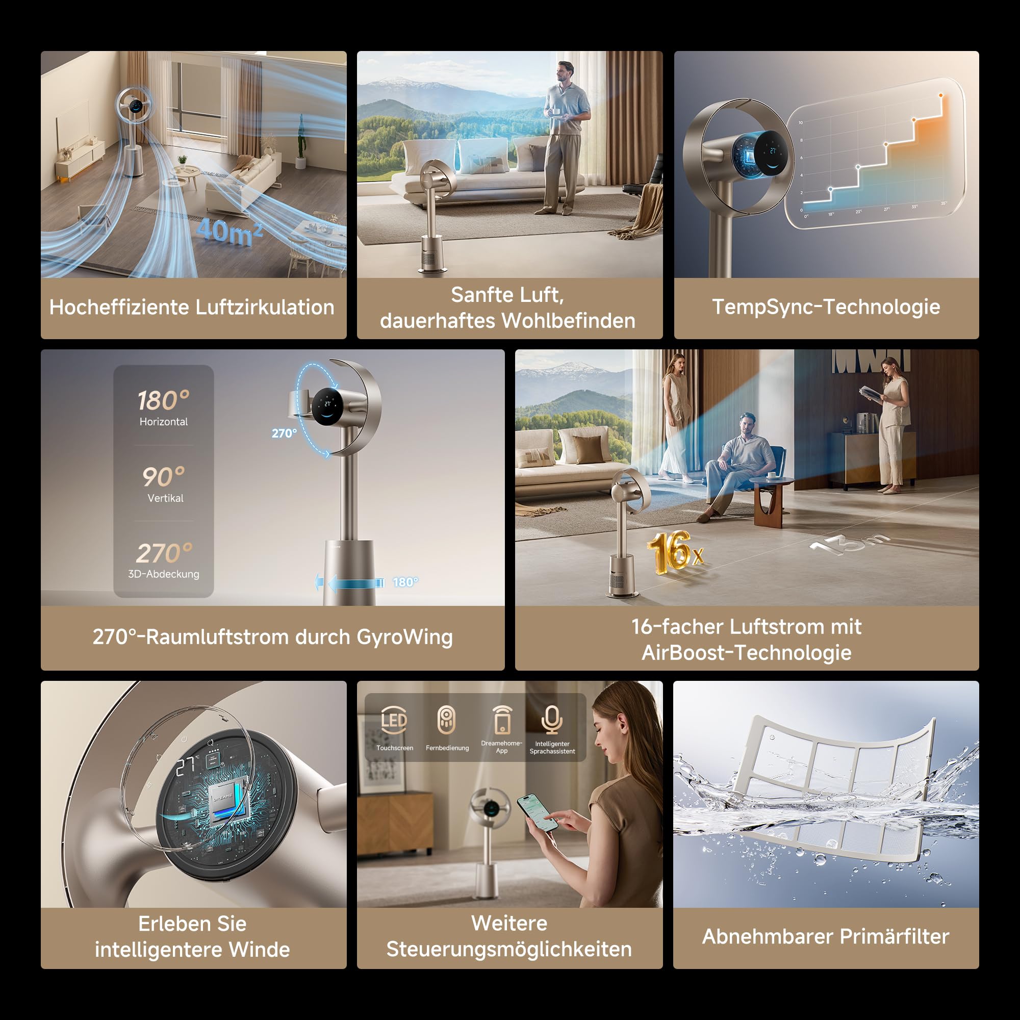 dreame MF10 Der flügellose Ventilator mit 270°-Raumluftstrom für die Zirkulation im gesamten Raum, temperaturadaptiver Luftstrom, intelligenter Windstrom, waschbarer Filter