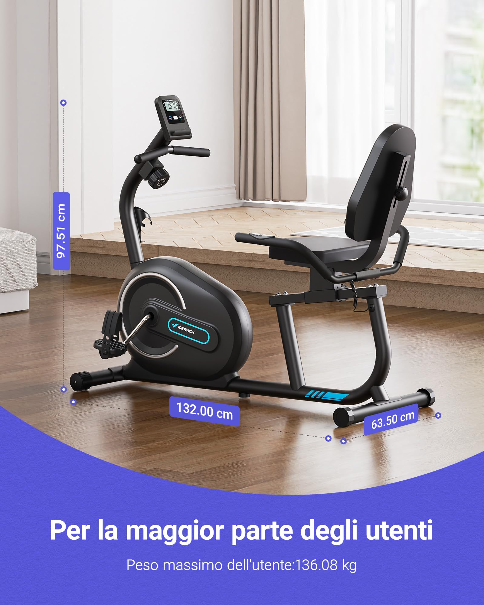 MERACH Cyclette da Seduta Magnetica, Recumbent Bike con 8 Livelli di Resistenza Regolabili, Display LCD e Sensori di Frequenza Cardiaca, Ideale per Allenamento Riabilitativo, Capacità Massima 136kg