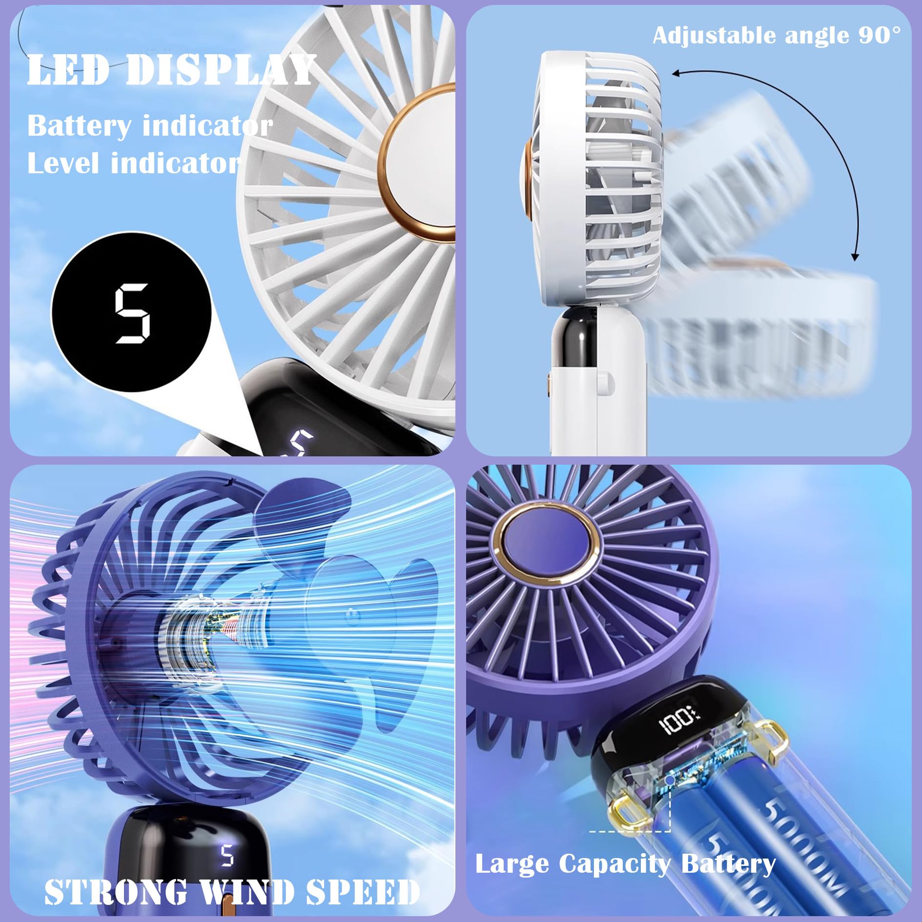 Ventilateur Portable Rechargeable USB Hifot - 5 Vitesses, Écran LED, Pliable, Noir, Pour Bureau/Voyage