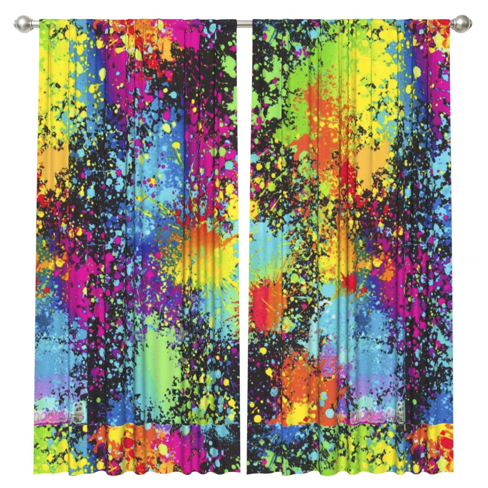 InOmak Rainbow Of Neon Paint Splatters, 2 Panels Window Curtains 52 x 84 Inch Blackout Curtains for Living Room Bedroom