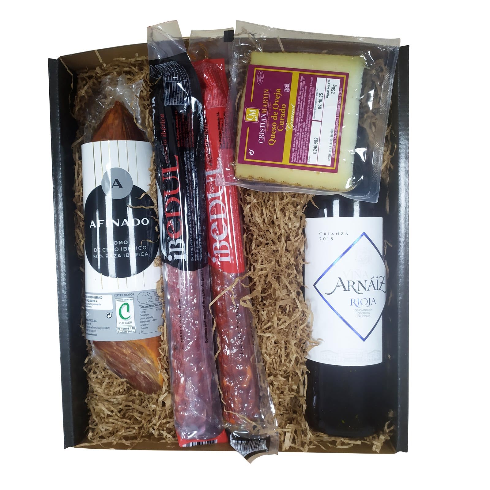 Cesta lote gourmet de regalo navideño empleados con salchichón y chorizo herradura ibérico, lomo extra curado, cuña de queso curado y vino crianza Marques de Carrión