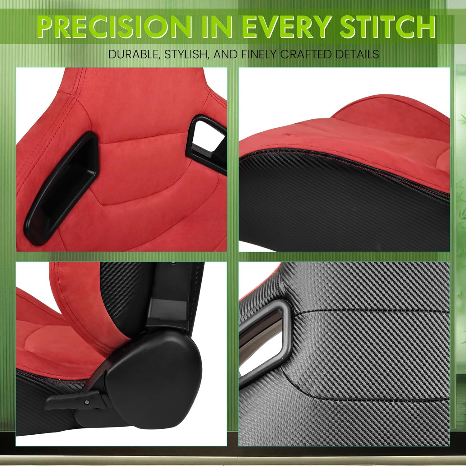 Universal Pairs of Racing Seat with Dual Sliders, PU Leather Front+Carbon Leather Back Reclinable Bucket Seat, Red/Suede