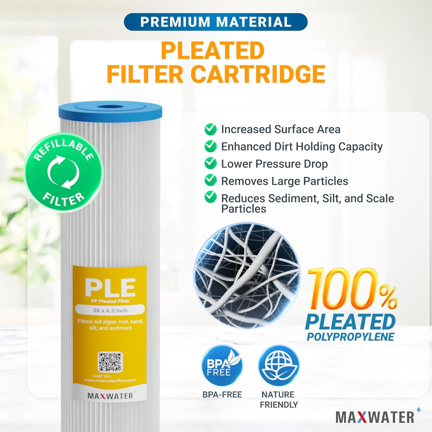 Max Water 10 Micron 20 x 4.5 Whole House Pleated Sediment Water Filter Replacement Cartridge for Well Water Filtration