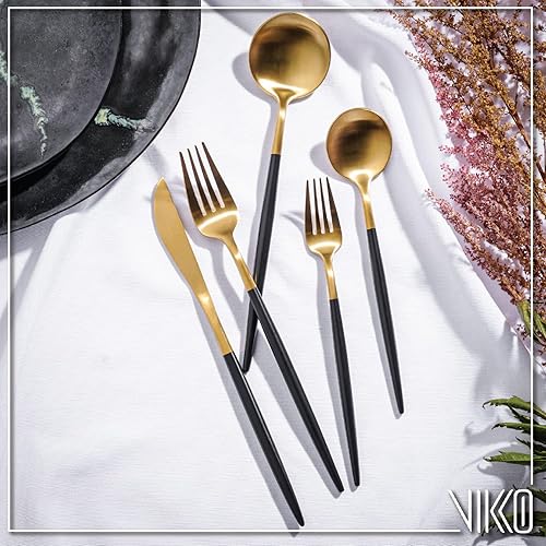 Miniatura 3 de Vikko Decor Modern - Juego de cubiertos negros y dorados, acero inoxidable 1810, elegantes cubiertos de mango largo, cubiertos de dos tonos para