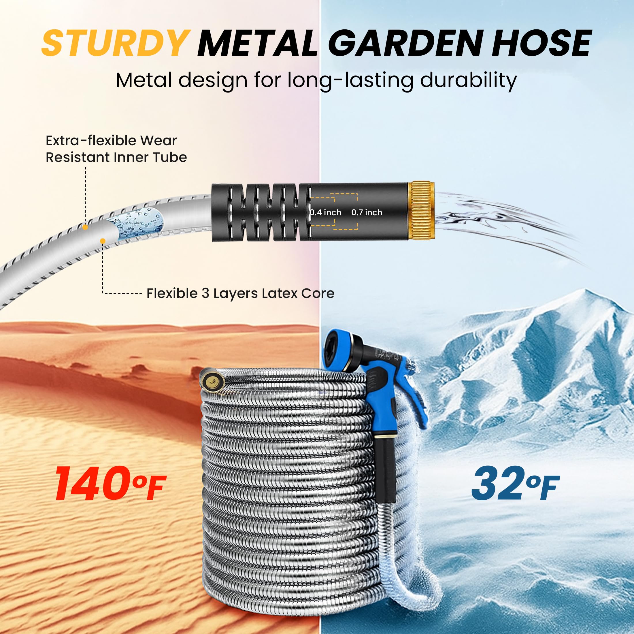 Lefree Garden Hose 100ft, Metal Garden Hose, Flexible Water Hose with 10-Function Nozzle, Stainless Steel Heavy Duty Hose, Crush Resistant, Leak Proof, No Kinks Garden Hoses for Yard, Outdoors, Rv