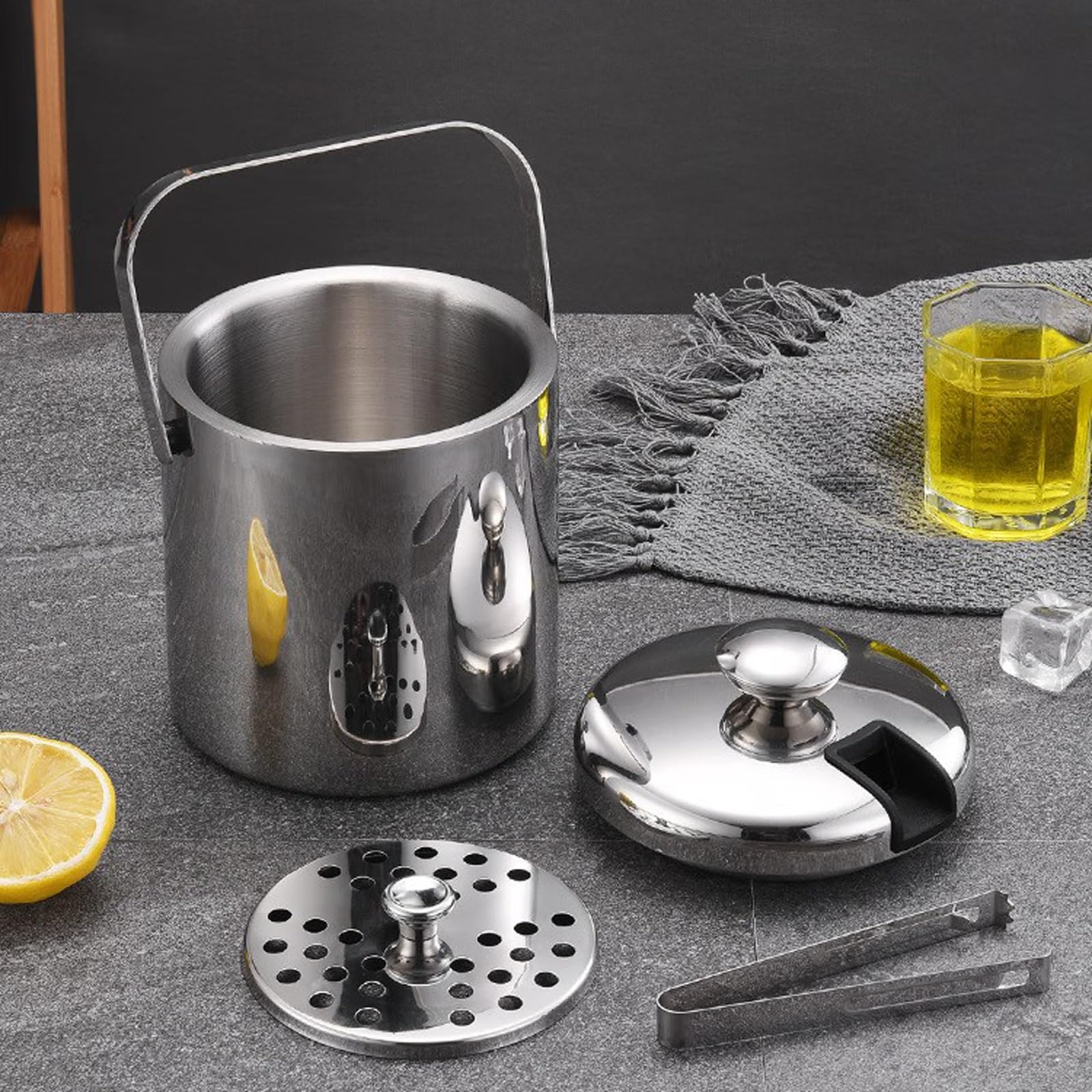 cubos de hielo Cubitera con tapa, pinzas y colador de doble pared(3.0L)