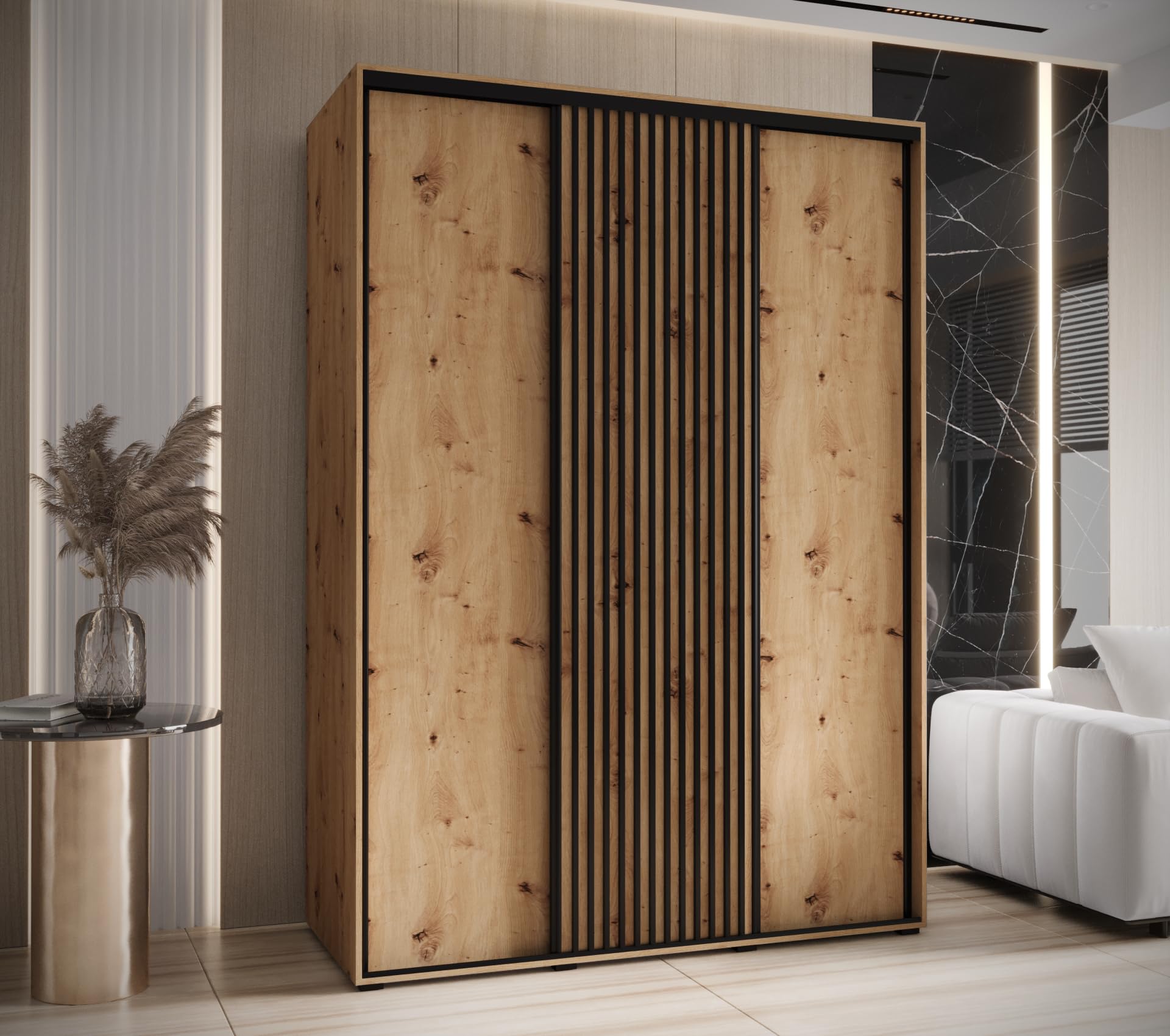 ABIKSMEBLE Lanko 1 Armoire à Trois Portes Coulissantes avec Barre, Étagères - Moderne Armoire de Rangement pour Chambre, Salon - 235,2x180x60 cm - Artisan Artisan Noir