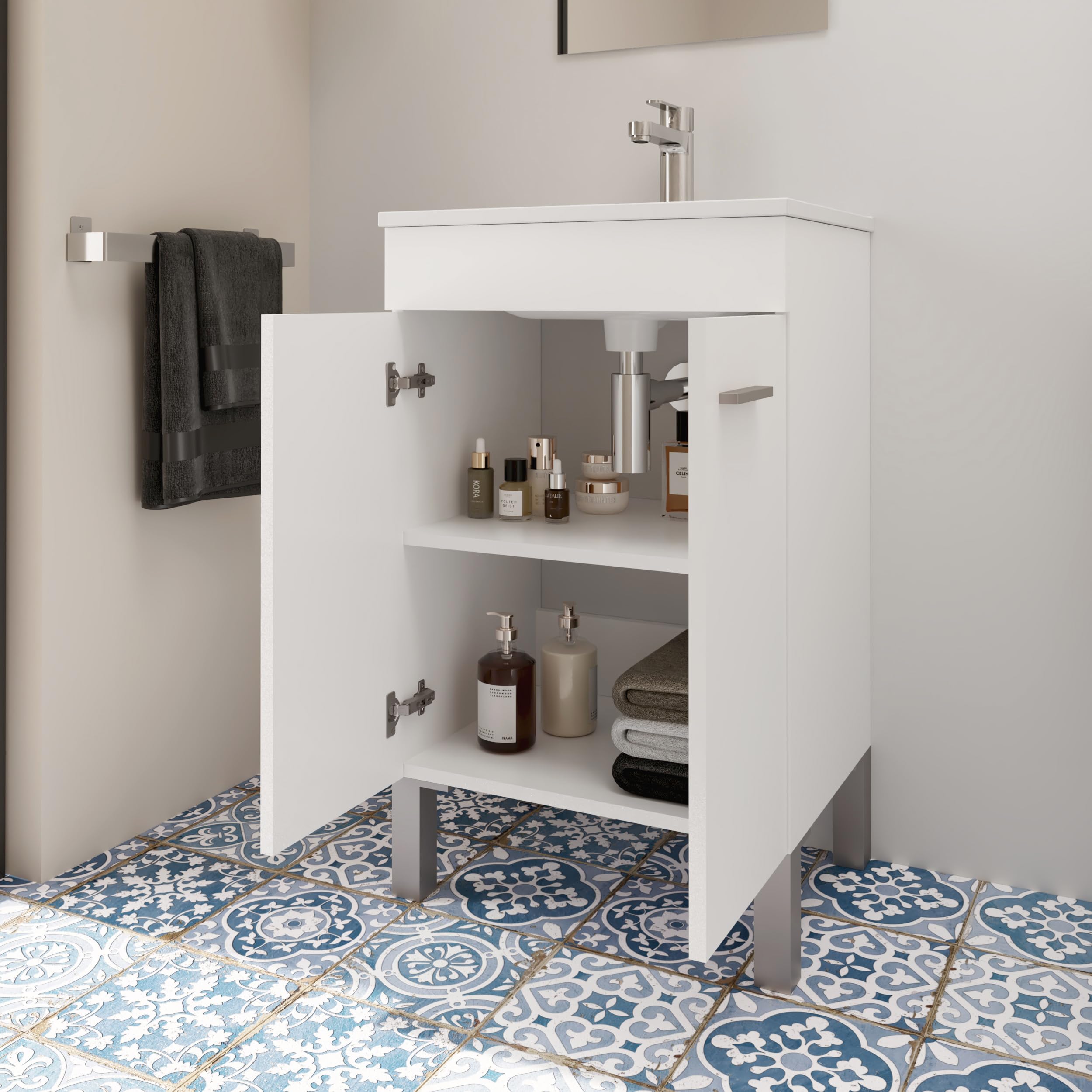 Baikal Mueble de Baño. 2 Puertas. Armario con Patas. Incluye Lavabo Cerámico y Espejo Liso. Mueble Auxiliar. Gabinete de Baño. Armario Auxiliar. Se Entrega en Kit. 50cm Blanco.