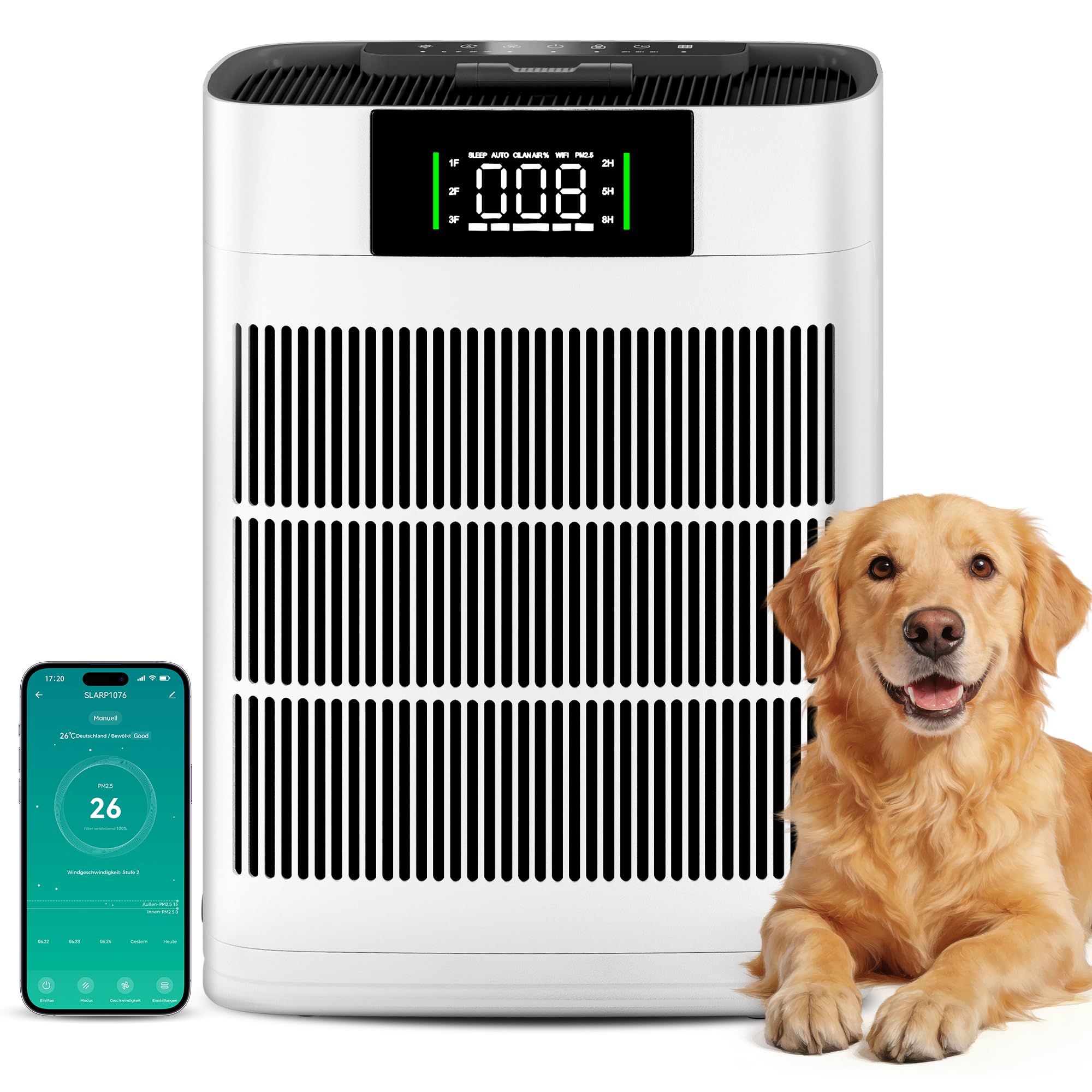 Alphaappliance Luftreiniger mit HEPA Luftfilter und Aktivkohlefilter, Vierstufiges Filtersystem gegen Schimmel, Staub und Tierhaare bis zu 0,3 µm, CADR 220m³/h für Räume bis zu 60m², AP001