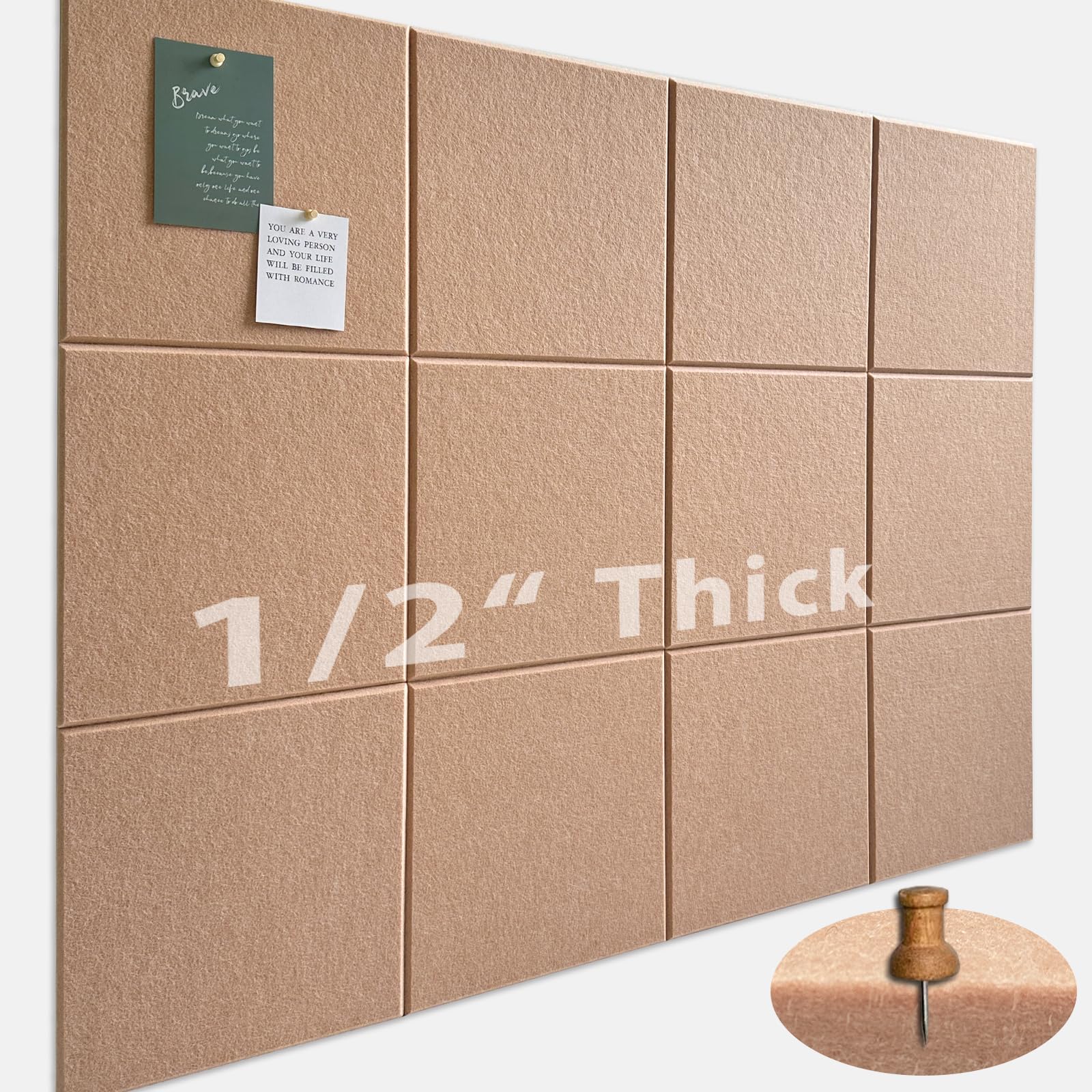 Large Cork Board for Office Wall Decor,48"x36"-12 Pack Felt Wall Tiles with Safe Removable Adhesive Tabs, 1/2" Thick, Felt Bulletin Board Pin Board