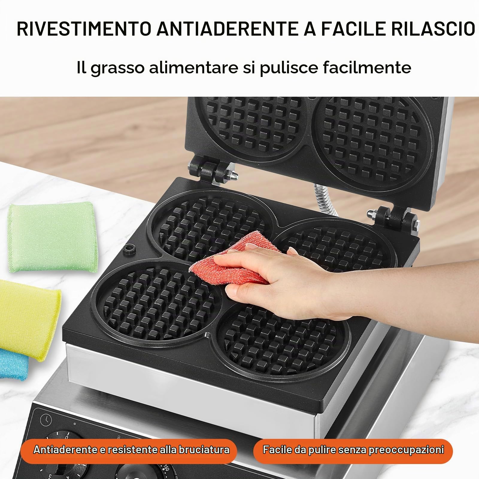 VEVOR Macchina per Waffle Belga Rotonda Commerciale, 4 Pezzi per Waffle, Piastra per Waffle in Acciaio Inox Antiaderente 1750 W con Controllo Temperatura Tempo, per Ristoranti Panetterie Snack Bar