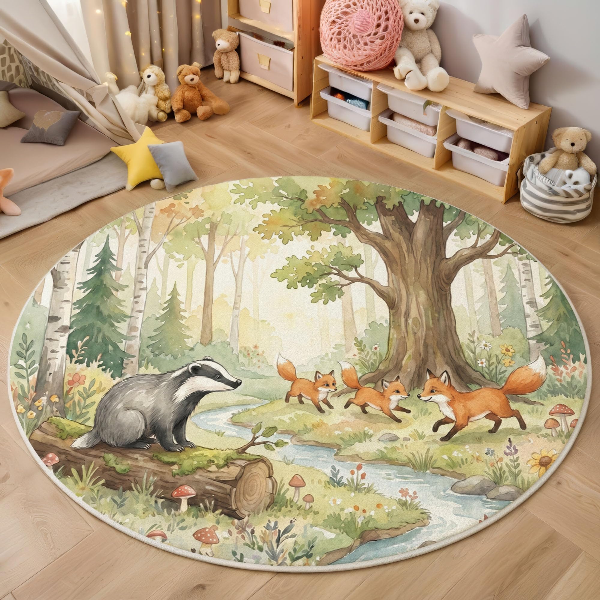 Lavable Tapis Rond Animaux Frais À L'Aquarelle