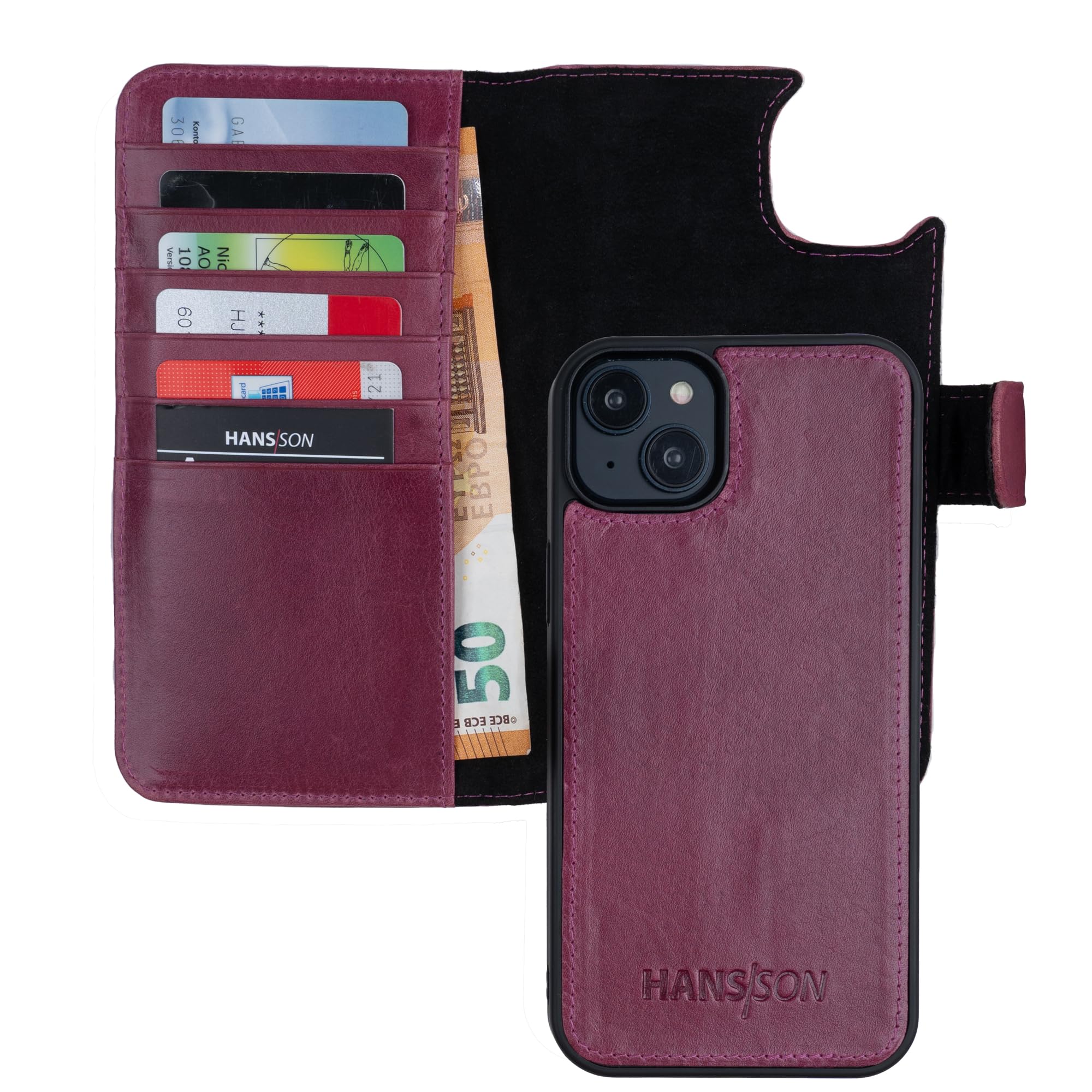 HANS/SON Echt-Leder-Handyhülle für iPhone 14 – Schmale 2 in 1 Klapphülle mit Kreditkartenetui, Magsafe kompatibel, perfekte Passform, stoßfest, Standfunktion, 6,1 Zoll – Magenta