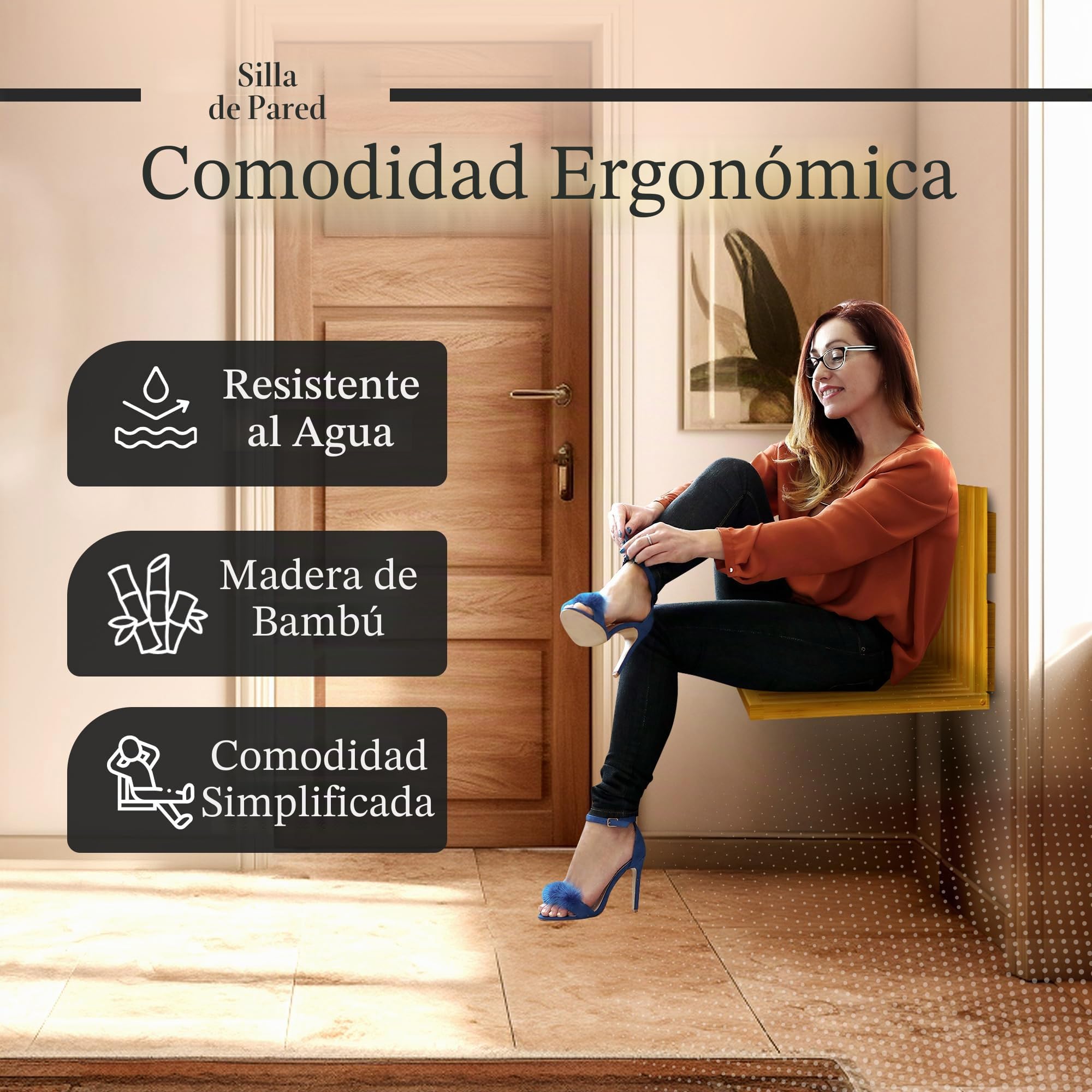 Asiento de Ducha Abatible de Pared de Bambú – Silla Plegable de Pared 120 kg – Banco de Ducha de Madera Resistente al Agua – Ducha, Entrada, Piscina – Ahorra Espacio 34x42 cm – Diseño Belga
