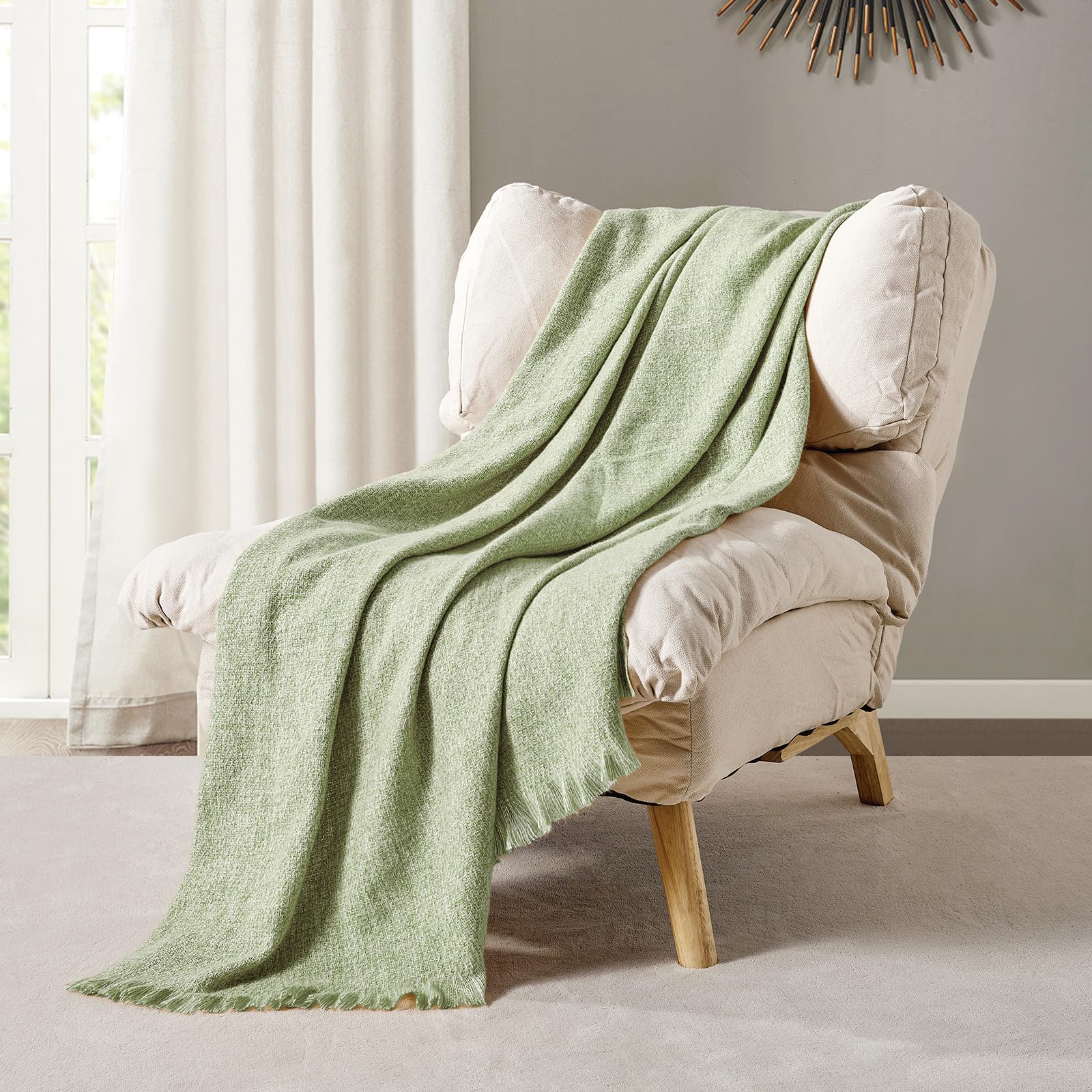 BOURINA Faux Cashmere Fringe Throw Blanket Decorative Lightweight Throw Soft Cozy for Bed or Sofa Outdoor Blanket 127x178cm Mint - Image 2