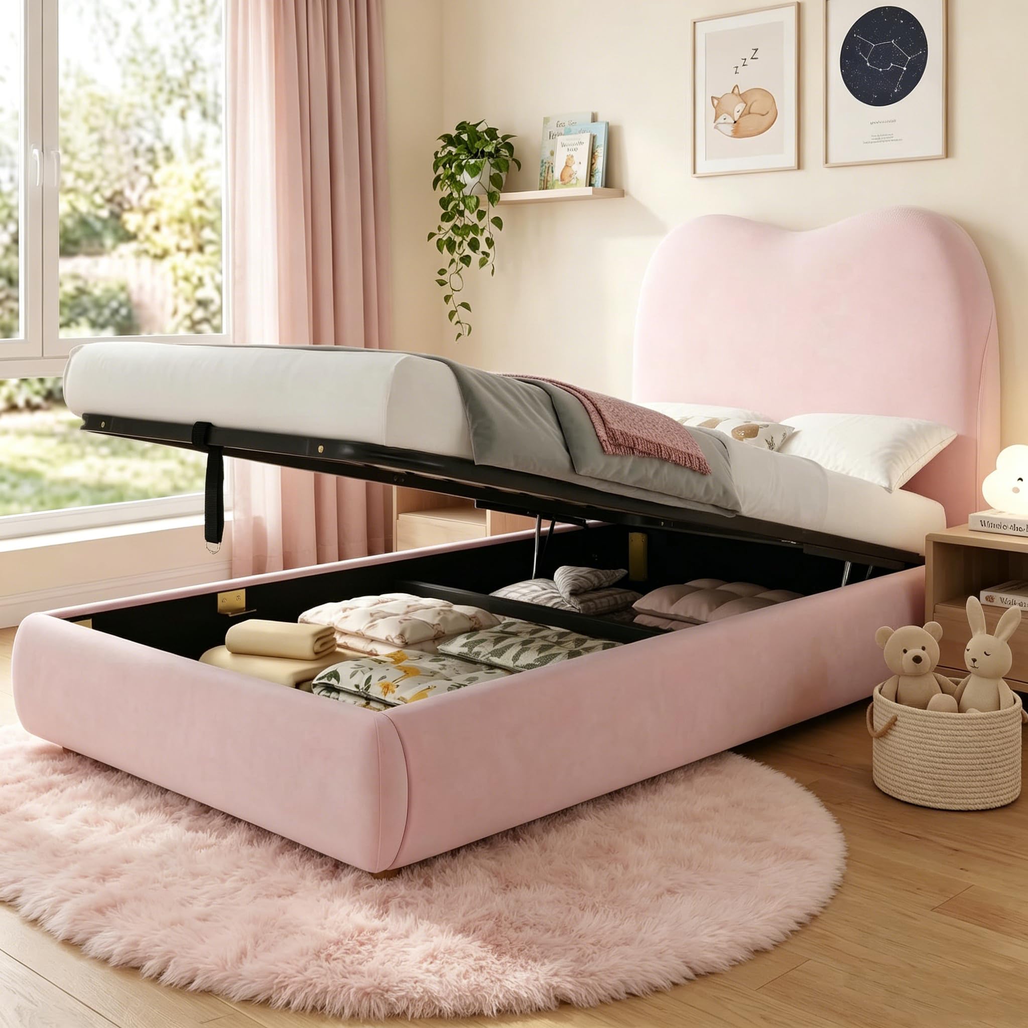 Single Bed Frame with Hydraulic Storage, 3ft Upholstered Ottoman Bed with Headboard & Wood Slats, Velvet Fabric Platform Lift Up Storage Bed For Adults Kids Teenagers, 90x190 cm, Pink, No Mattress โ image 1