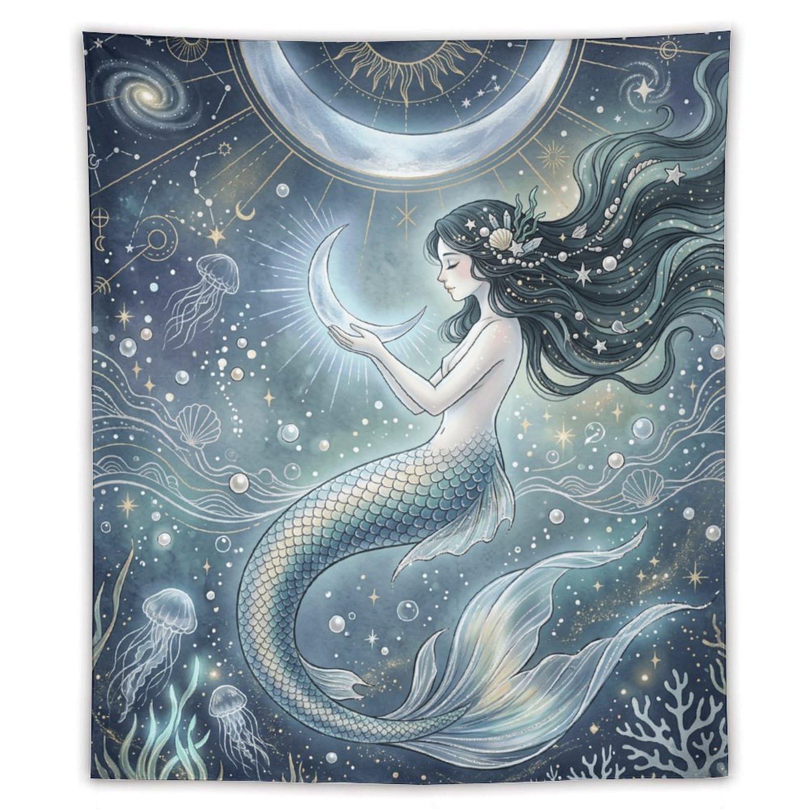 H3B8U2Y5 Moon Mermaid Coral Reef Wall Tapestry, Fantasy Illustration Style