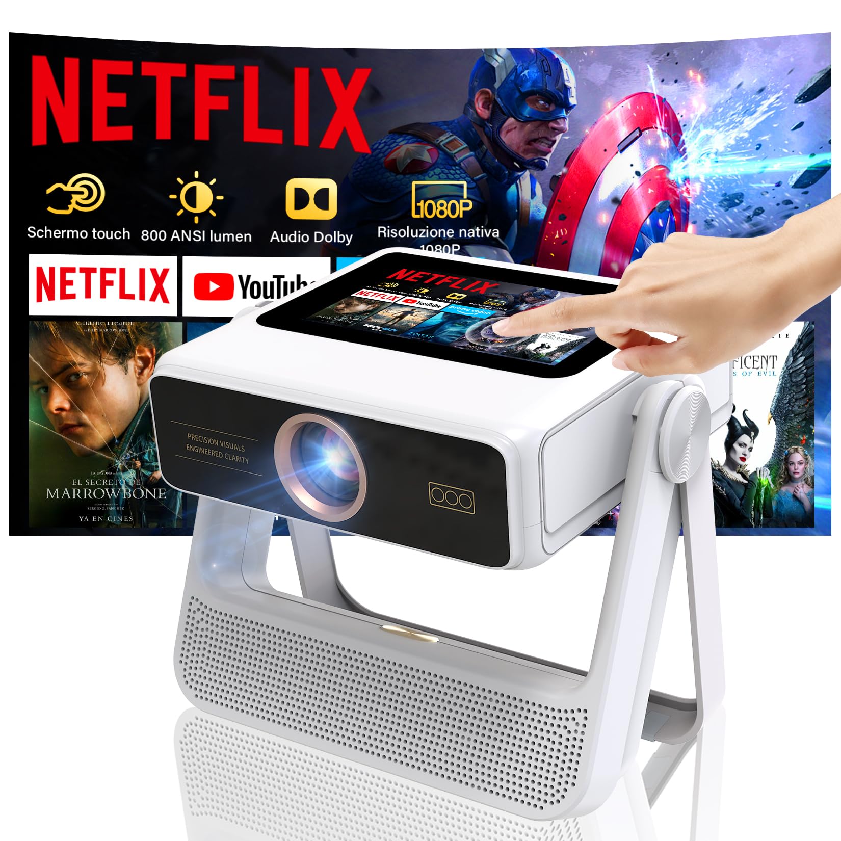 Mini proiettore Smart con supporto 4K con touchscreen, messa a fuoco automatica e correzione trapezoidale, WiFi 6 Bluetooth HDR10+, 1000+ app, doppio display