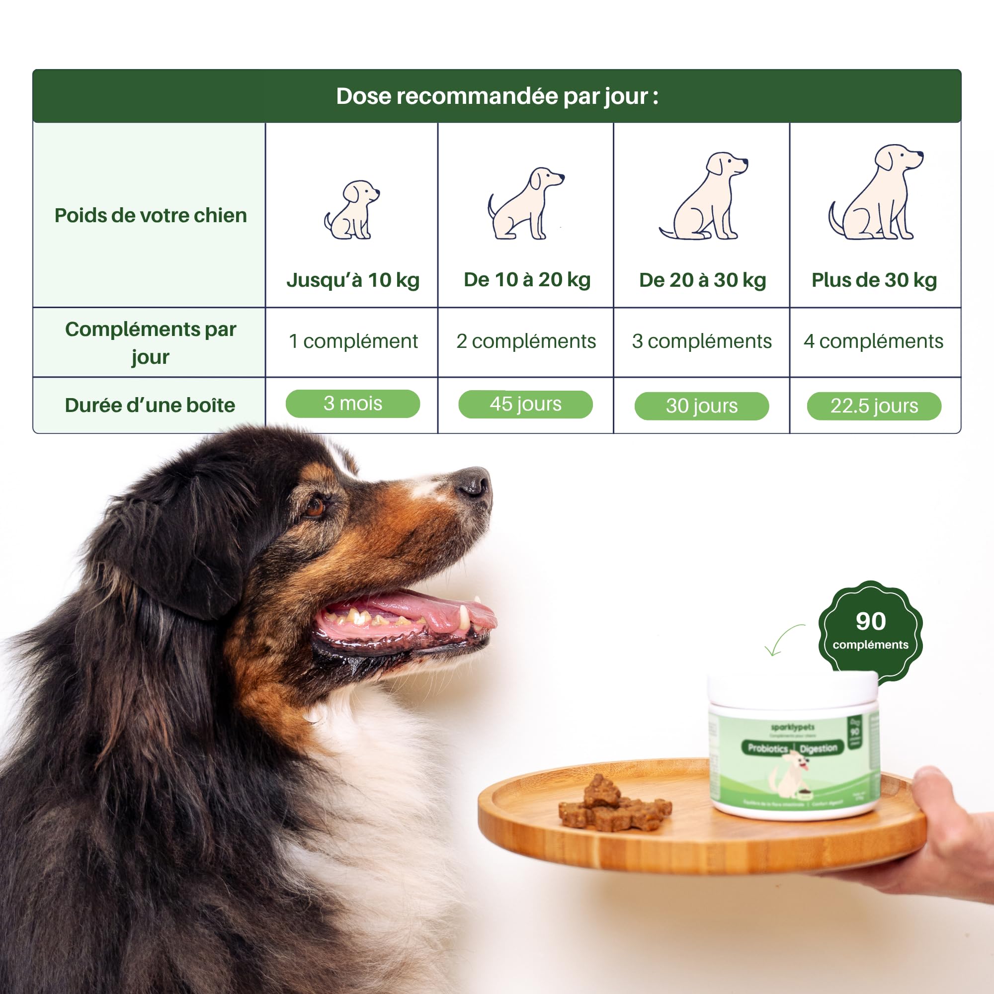 SparklyPets - Probiotics - Digestion - Complément Alimentaire pour Chien - Confort Digestif et Flore Intestinale - Prébiotique et Probiotique Chien - 90 Unités, 270g, Goût Poulet