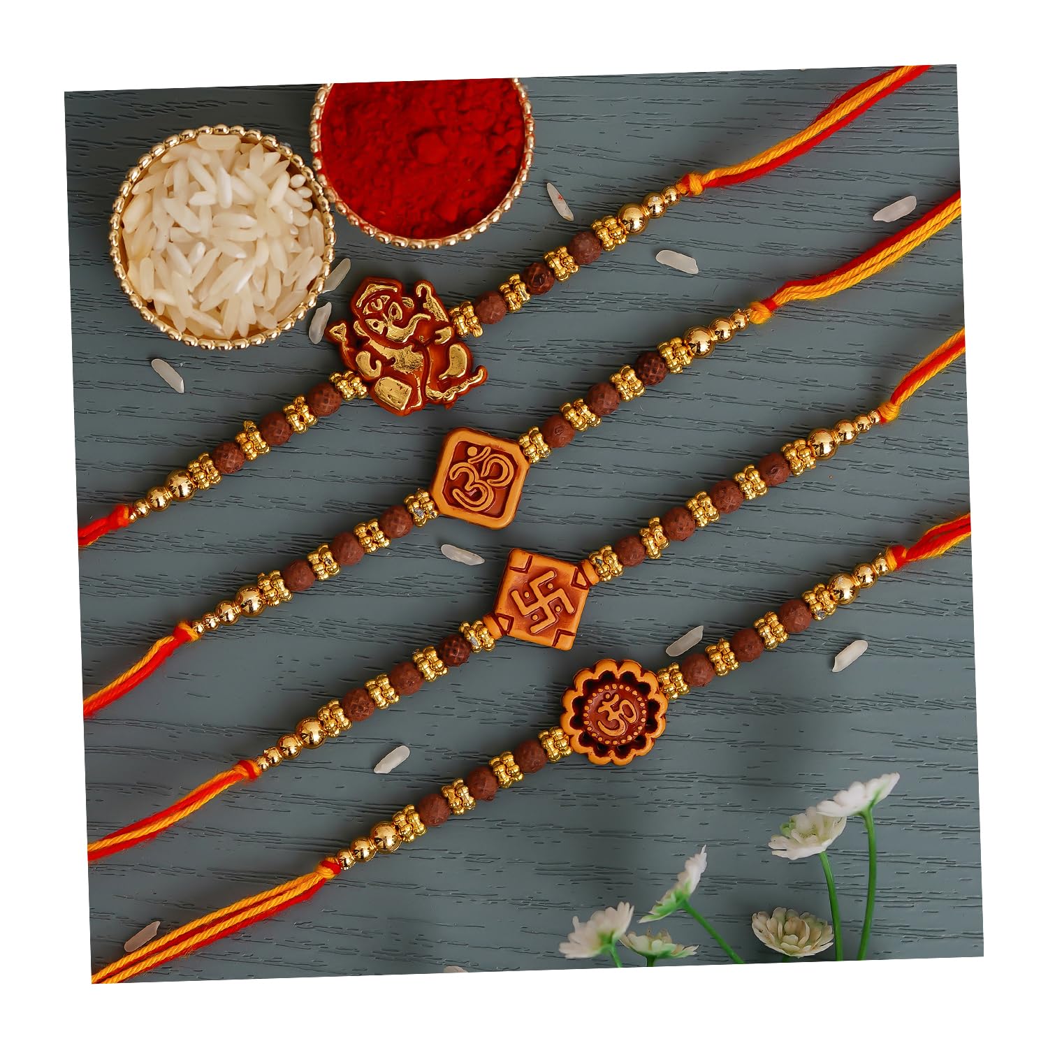eCraftIndia Brown & Orange Set of 4 Religious Ganesha, Om, Swastika, Rudraksha Rakhis with Roli Chawal Pack - Rakhis for Brothers (B0B5DLL7B3) Amazon Price History, Amazon Price Tracker
