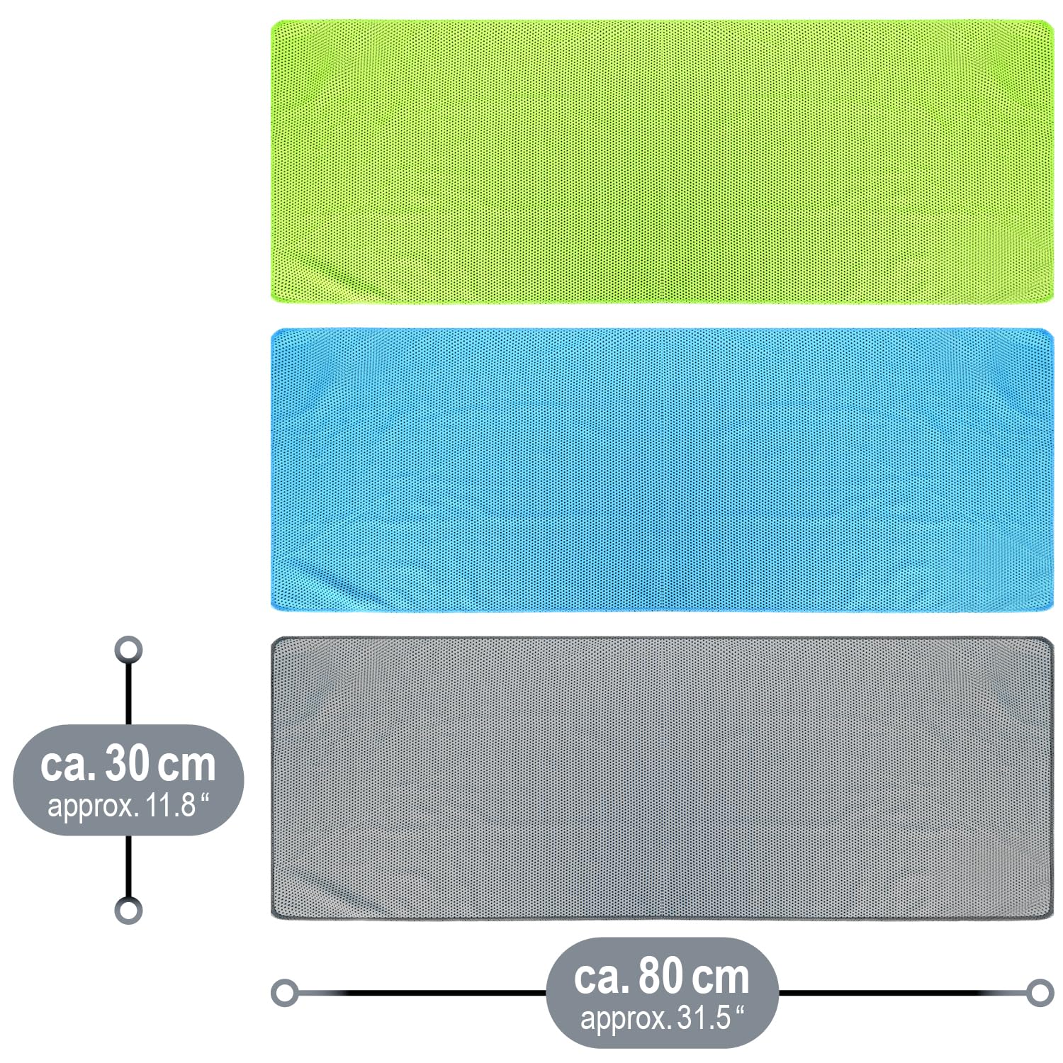 com-four® 3X Asciugamano rinfrescante - Asciugamano rinfrescante per Calore, Stanchezza, Sforzo, Sport (3X Panno - Blu/Verde/Grigio)