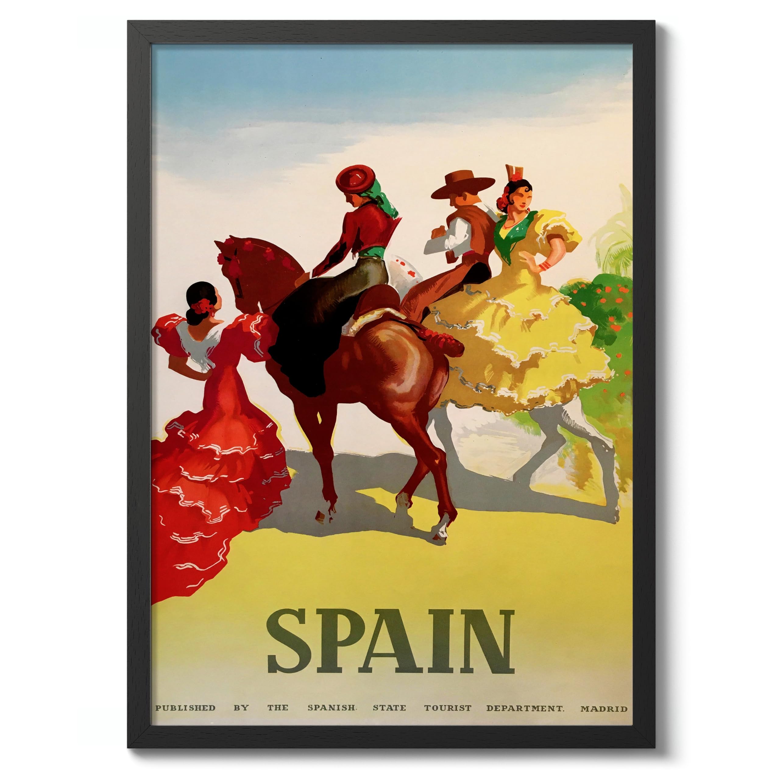 Spain Vintage Travel Poster, Retro Spain Tourism Print, Decoration Wall Art Seville Landmark Bedroom Decor, A4 (Black Frame) - 32.7x24.1cm
