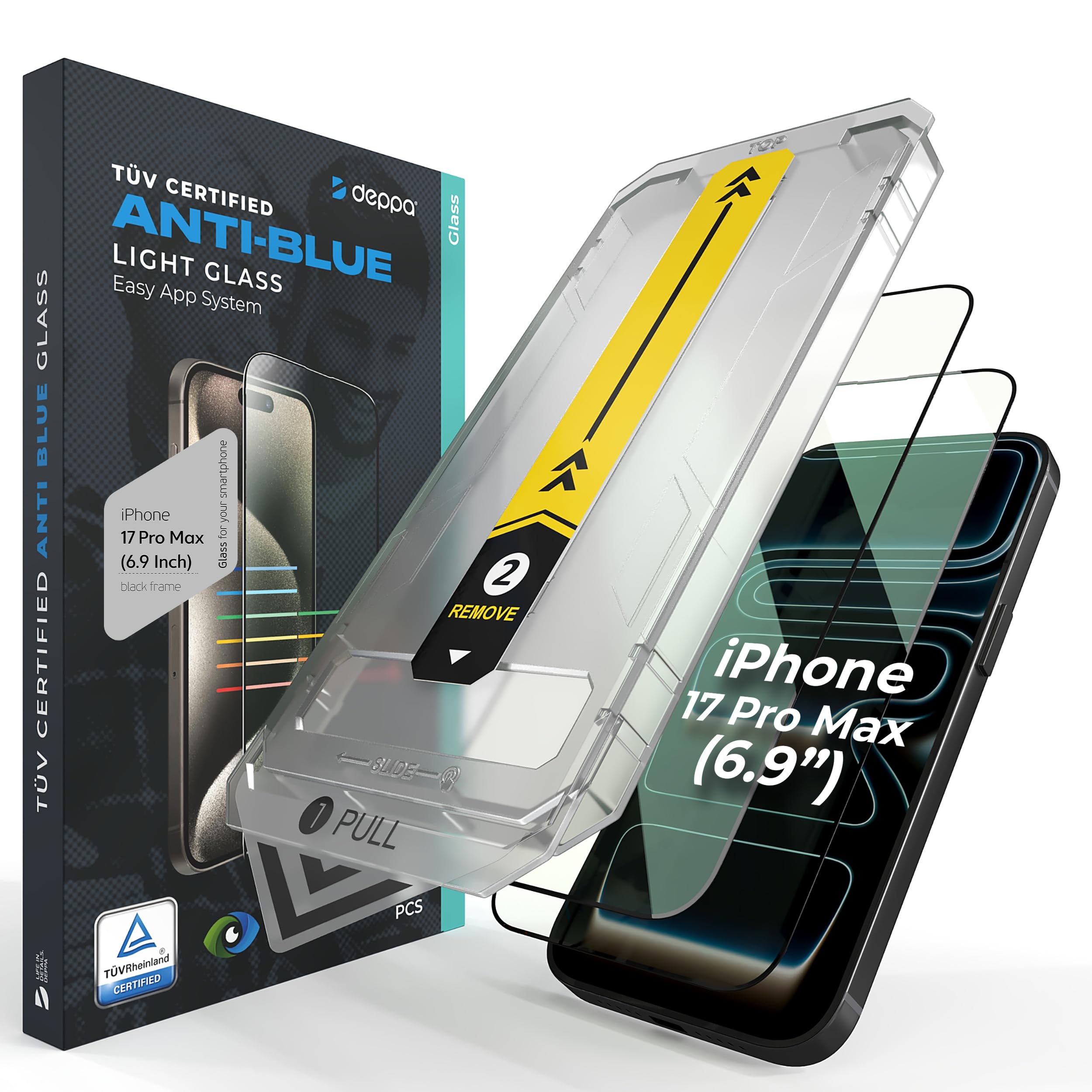 Deppa Protector de Pantalla Anti Luz Azul para iPhone 17 Pro Max (6.9") – Vidrio Templado, Cobertura Total, Dureza 9H, Kit de Instalación Fácil, Protección Ocular – 2 Piezas