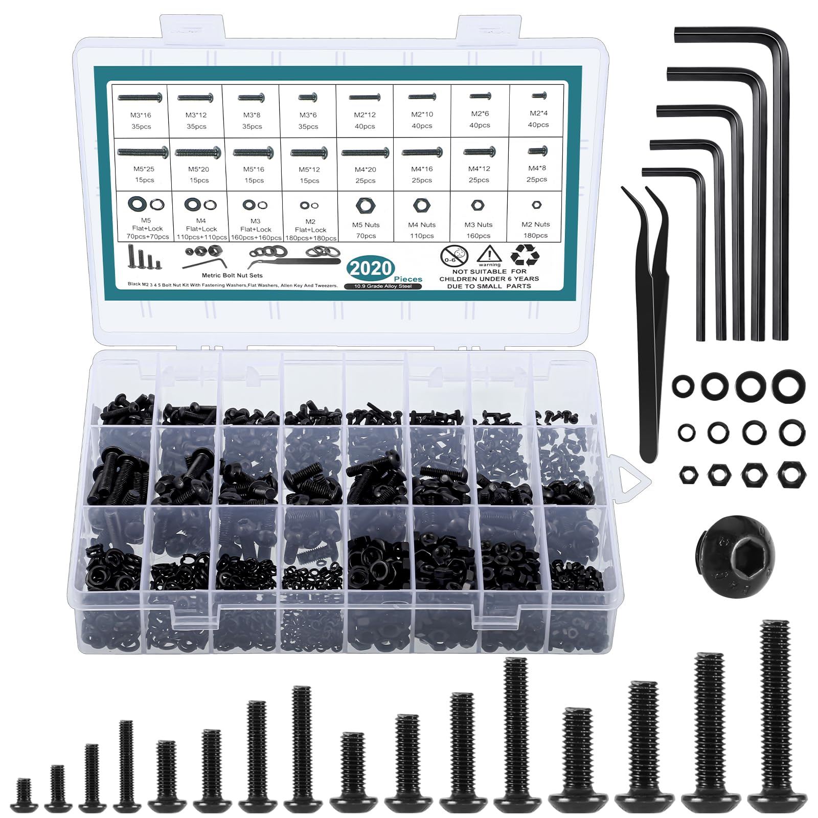 2024 Pcs Metric Screw Assortment, Bolts and Nuts Assortment Metric Machine Screw Assortment M2 M3 M4 M5, 10.9 Alloy Steel Black Zinc Plated Hex Button Head Screws Nuts Bolts and Washers Set