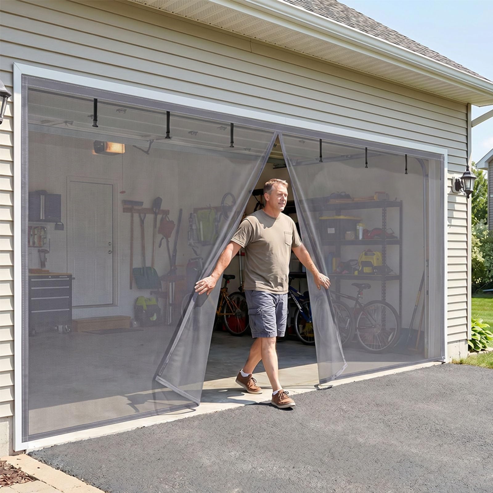 Moustiquaire magnétique de garage grise en fibre de verre renforcée de 250x210cm