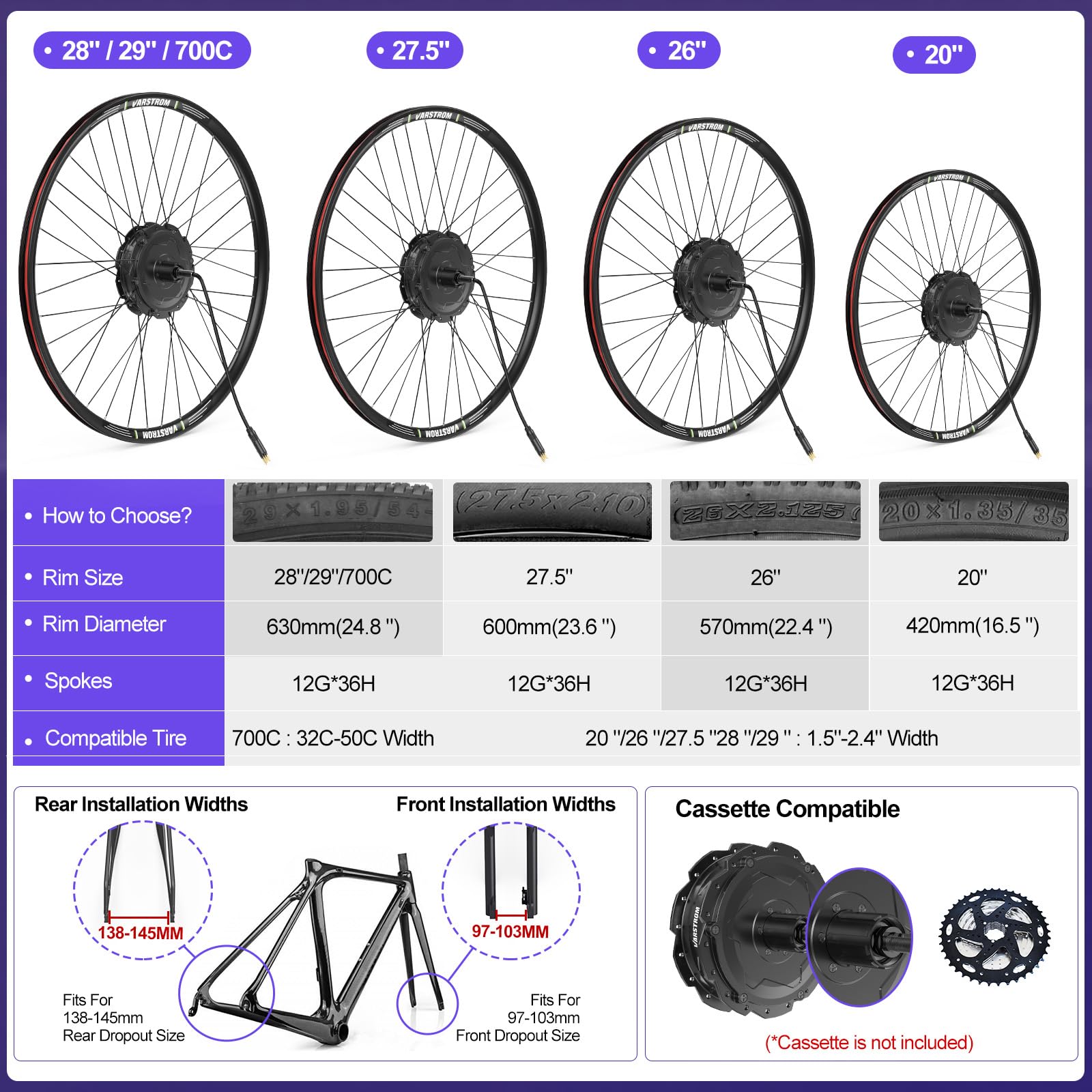 48V Kit Conversione Bici Elettrica Anteriore Posteriore 26 27,5 29 Pollici | 125EVH 125XVH Mozzo 20 700C Kit di Conversione Bici Elettrica Con Batteria E Display Opt - Motore Per Cassetta Mountain Bike