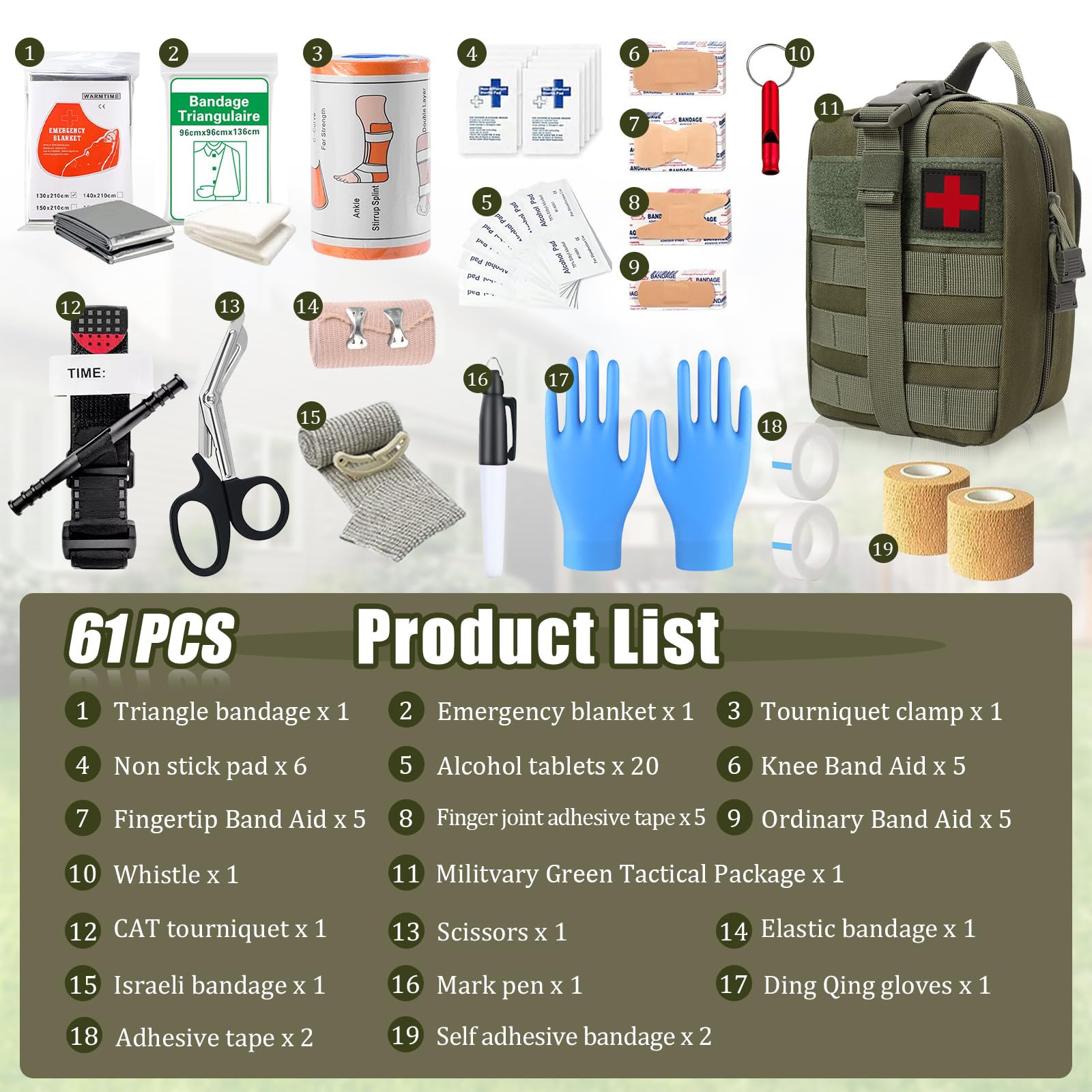 61-delige EHBO-set voor buiten, survivalset, EHBO-tas, EHBO-tas, EHBO-kit, militair, noodgevallen, trauma, survivaluitrusting, voor kamperen, wandelen, fietsen, klimmen en reizen