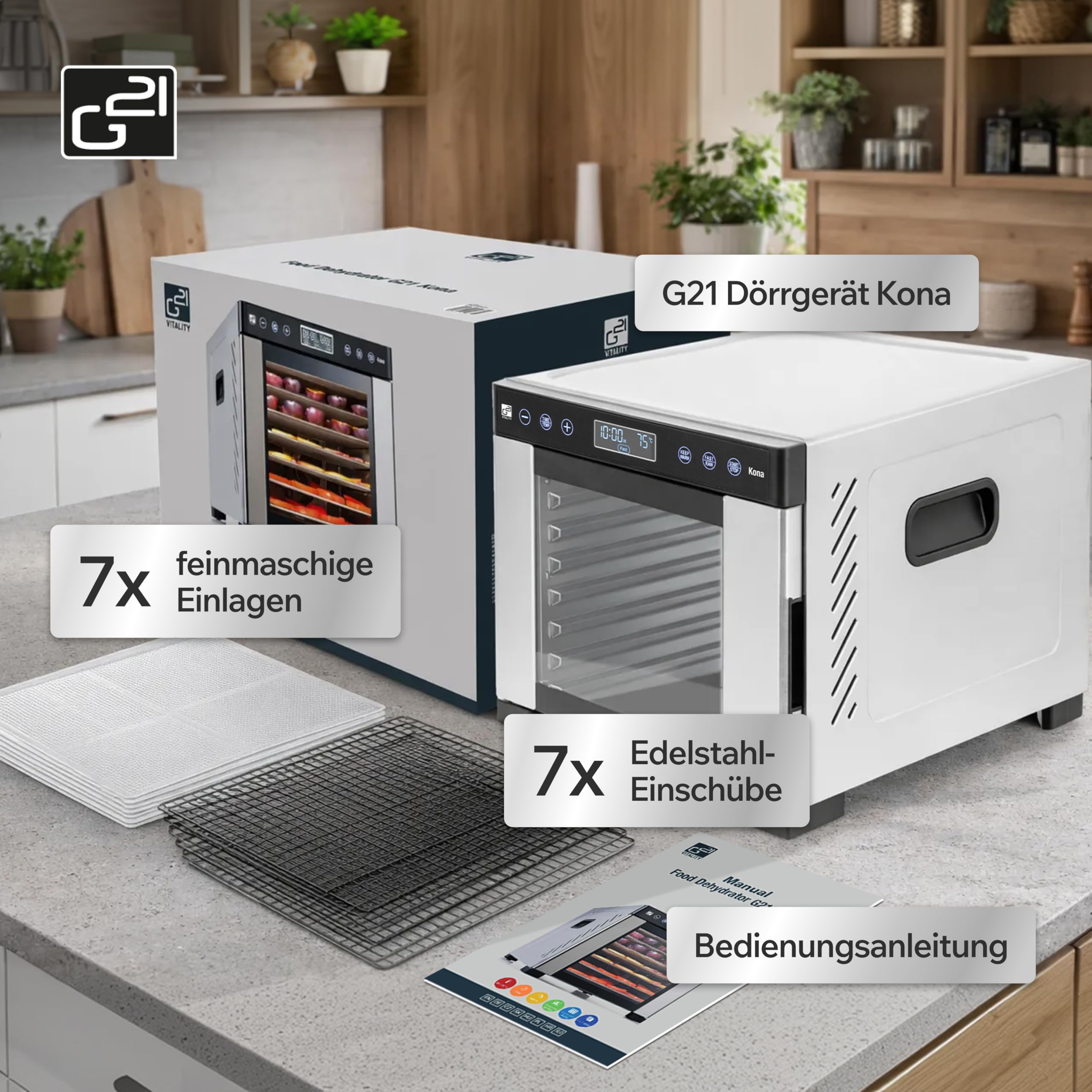 G21 Kona Edelstahl Dörrgerät 7 Ebenen 0,48 m² | 7 Edelstahl-Gitter, 0,48 m² Trockenfläche, 35–75 °C, 48h Timer, 600W