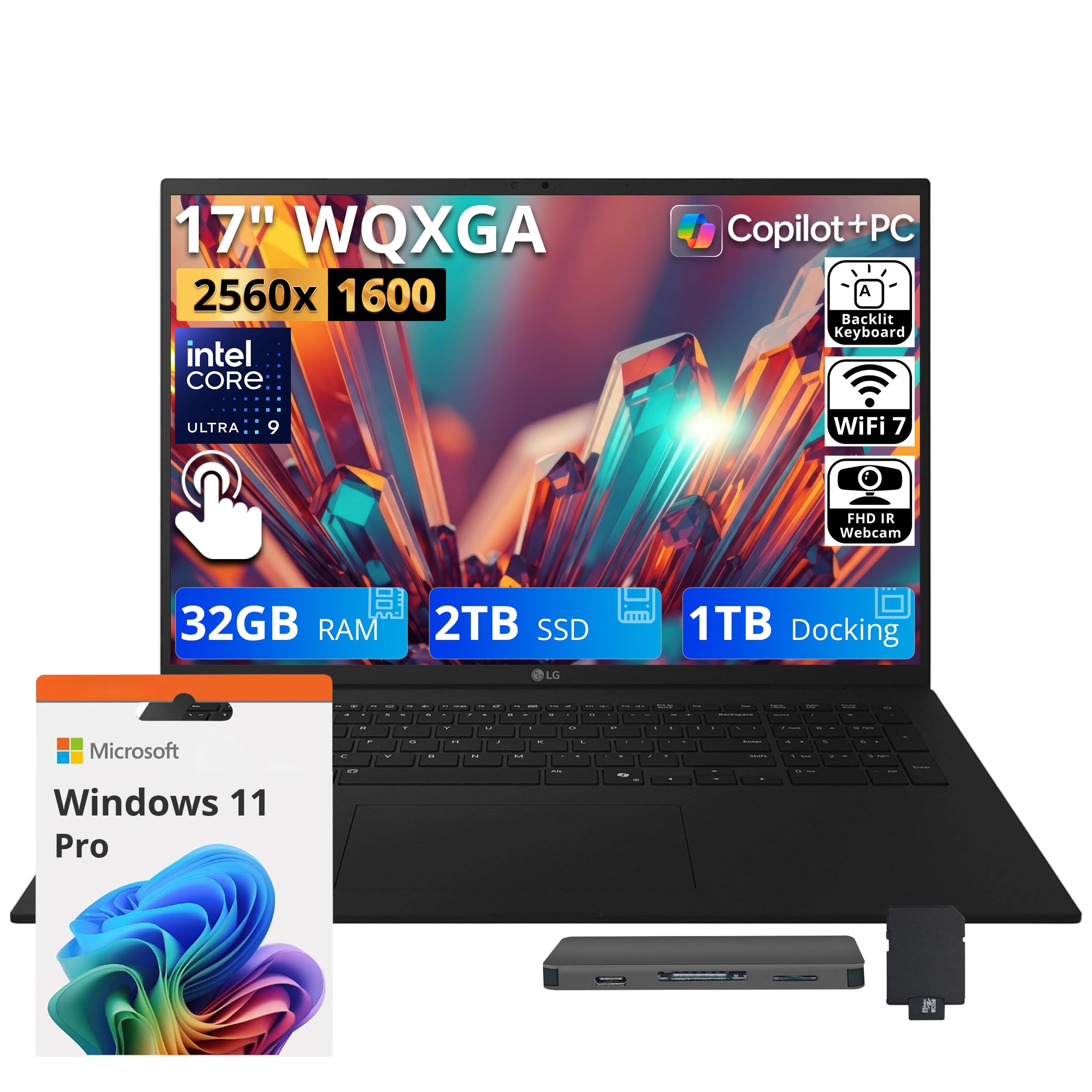 LG Gram 17" WQXGA Touchscreen Copilot+ PC Laptop, Intel Core Ultra 9 288V, 32GB LPDDR5X, 3TB Storage (2TB SSD+1TB Docking Station), Intel Arc Graphics, Backlit Keyboard, Wi-Fi 7, Windows 11 Pro, Black