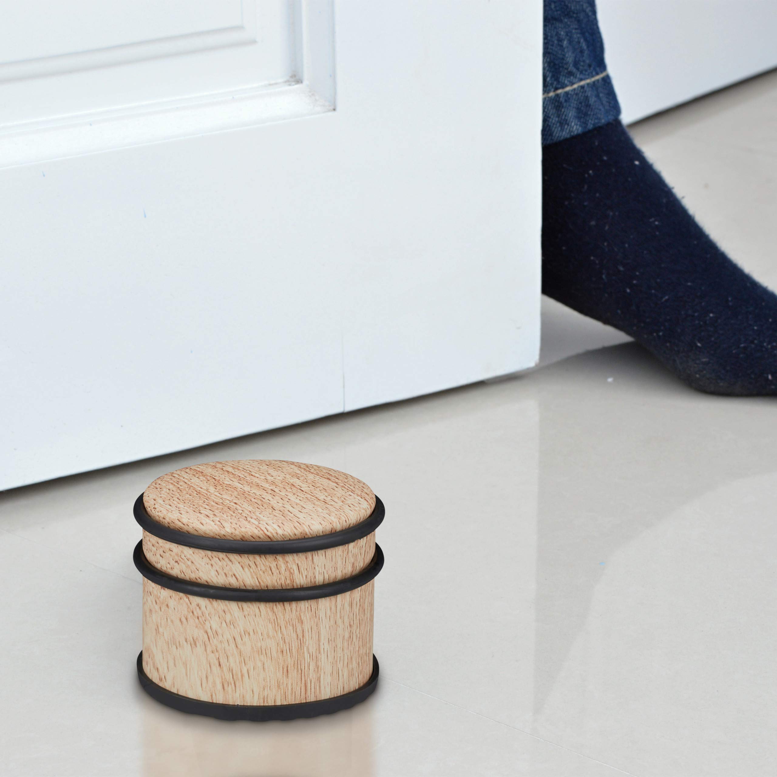 Relaxdays stoper do drzwi, blokada drzwiowa o wyglądzie drewna, gumowe zabezpieczenia, ∅ 9,5 cm, jasnobrązowy
