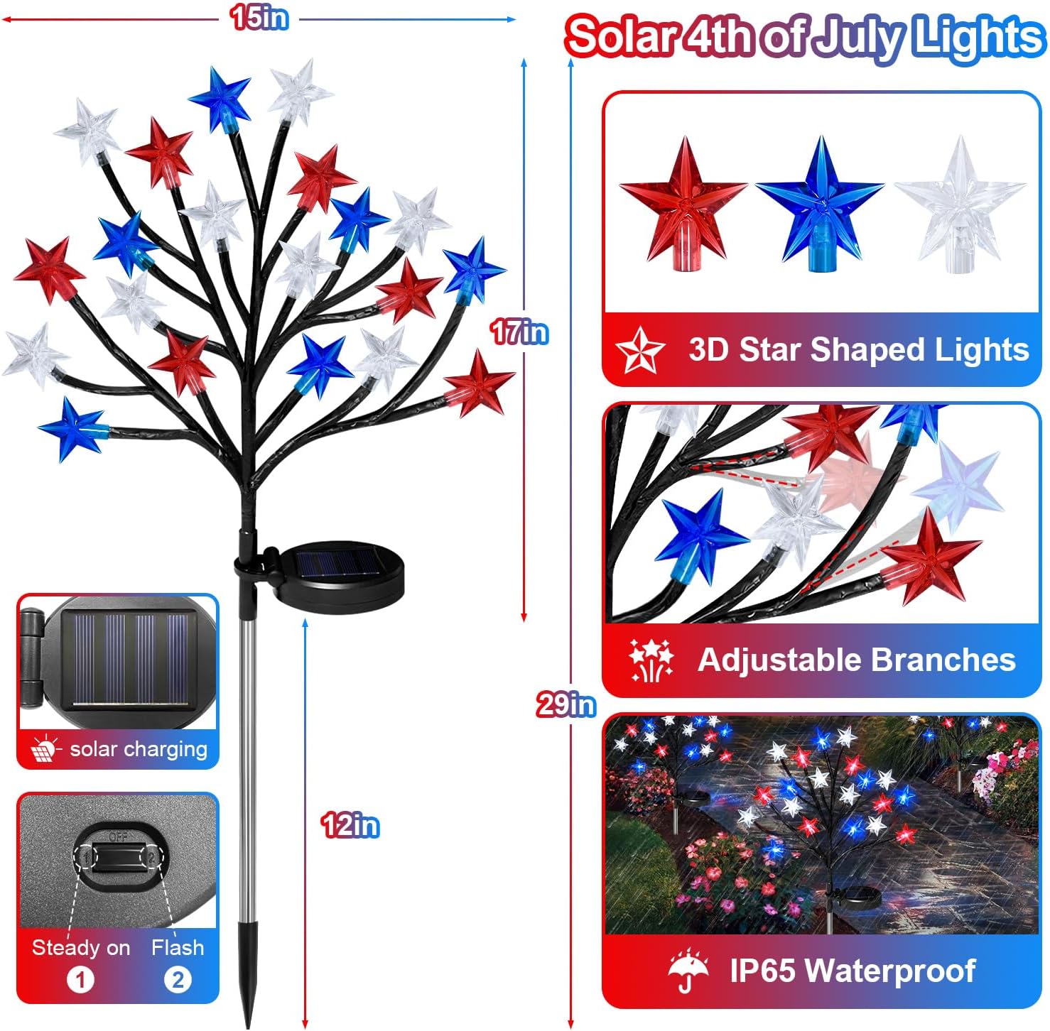 4th of July Solar Star Tree Lights Decorations Outdoor, Waterproof Red White and Blue Lights for Fourth of July Decor, Patriotic Decorations for Garden Yard Pathway Patio (2)
