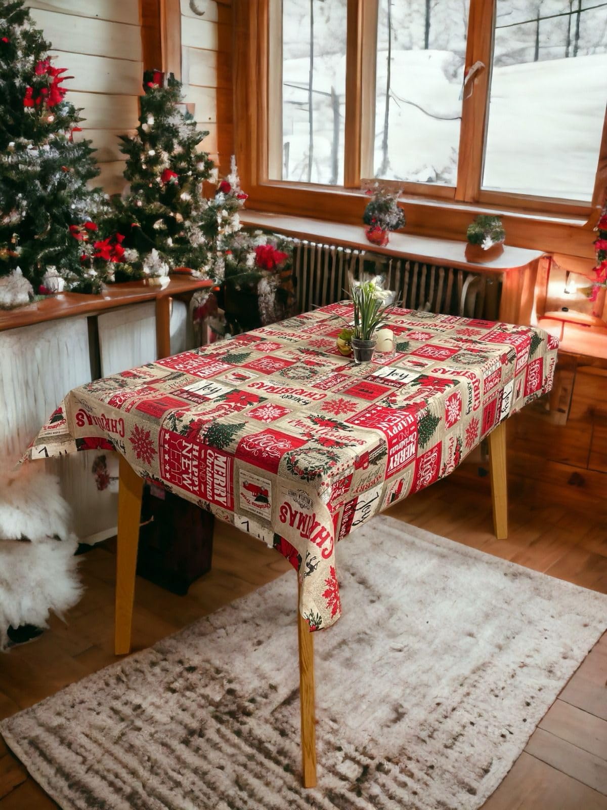 Mantel Tela resinada, Antimanchas, Impermeable para Mesa Cuadrada, Rectangular o Redonda - Motivos navideños - Merry Christmas (140_x_350_cm)
