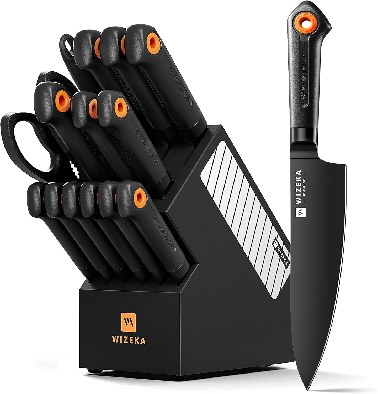 WIZEKA Kitchen Knife Block Set: 15 Pieces Extremely sharp Black Knife Set with Sharpener, Dishwasher Safe Knife Block Set Dark Vision Series