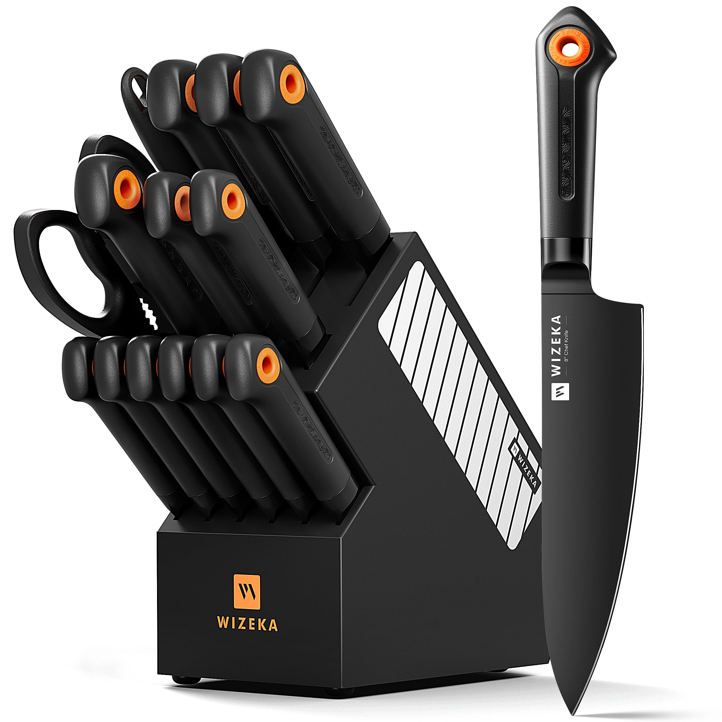 WIZEKA Kitchen Knife Block Set 15 Pieces Extremely sharp Black Knife Set with Sharpener Dishwasher Safe Knife Block