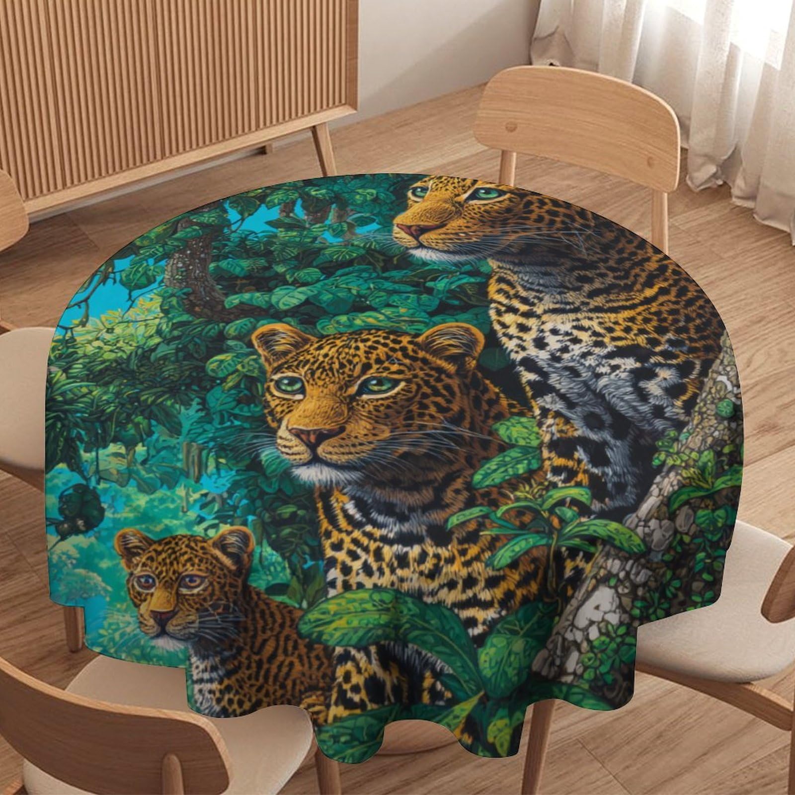 LUYYSKY Beautiful Realistic Leopard Waterproof Round Tablecloth Modern Art Spring Plants Tree Animal Cheetah Butterflies Washable Table Cover for Kitchen-127 Wx127 L cm