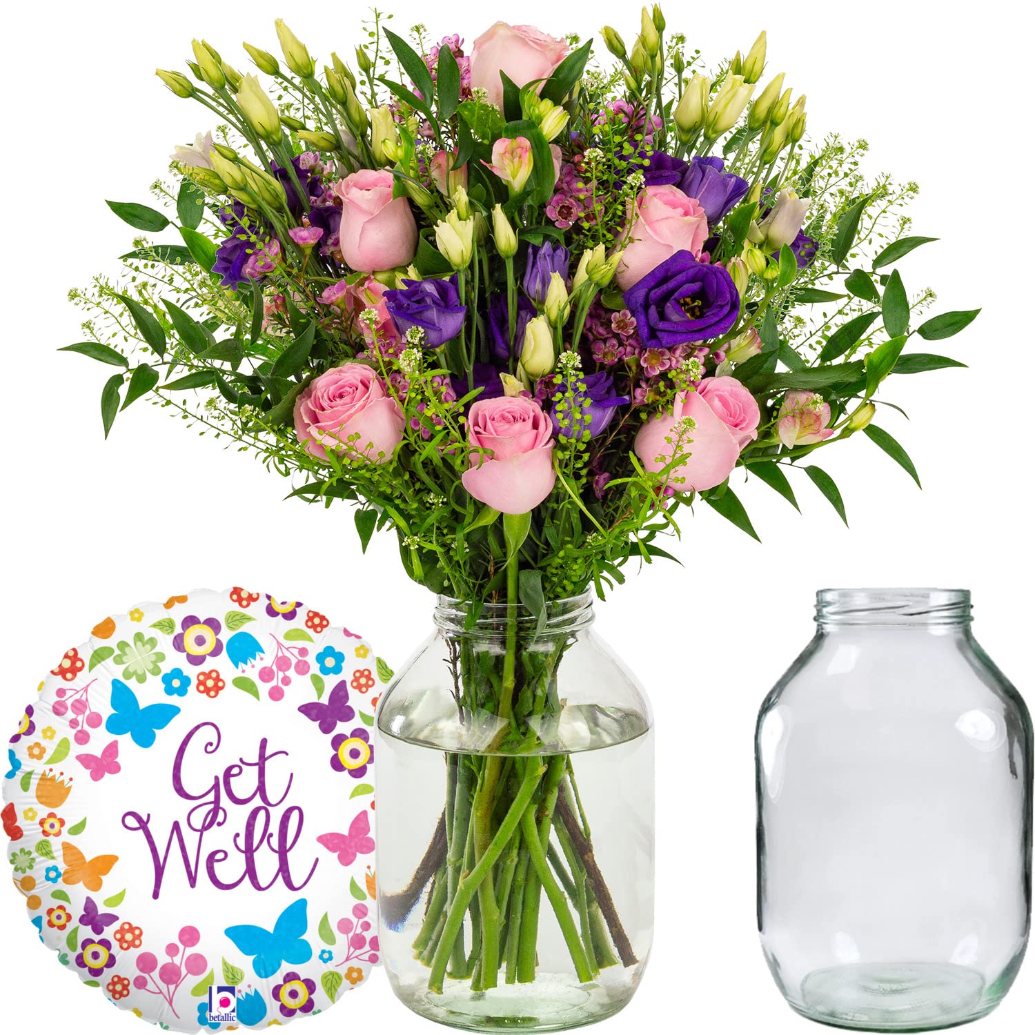 InterBloom | The Paradise - Next Day Large Rose and Lisianthus Beautiful Fresh Flower Bouquet with a Get Well Soon Balloon and Pickle Jar Vase