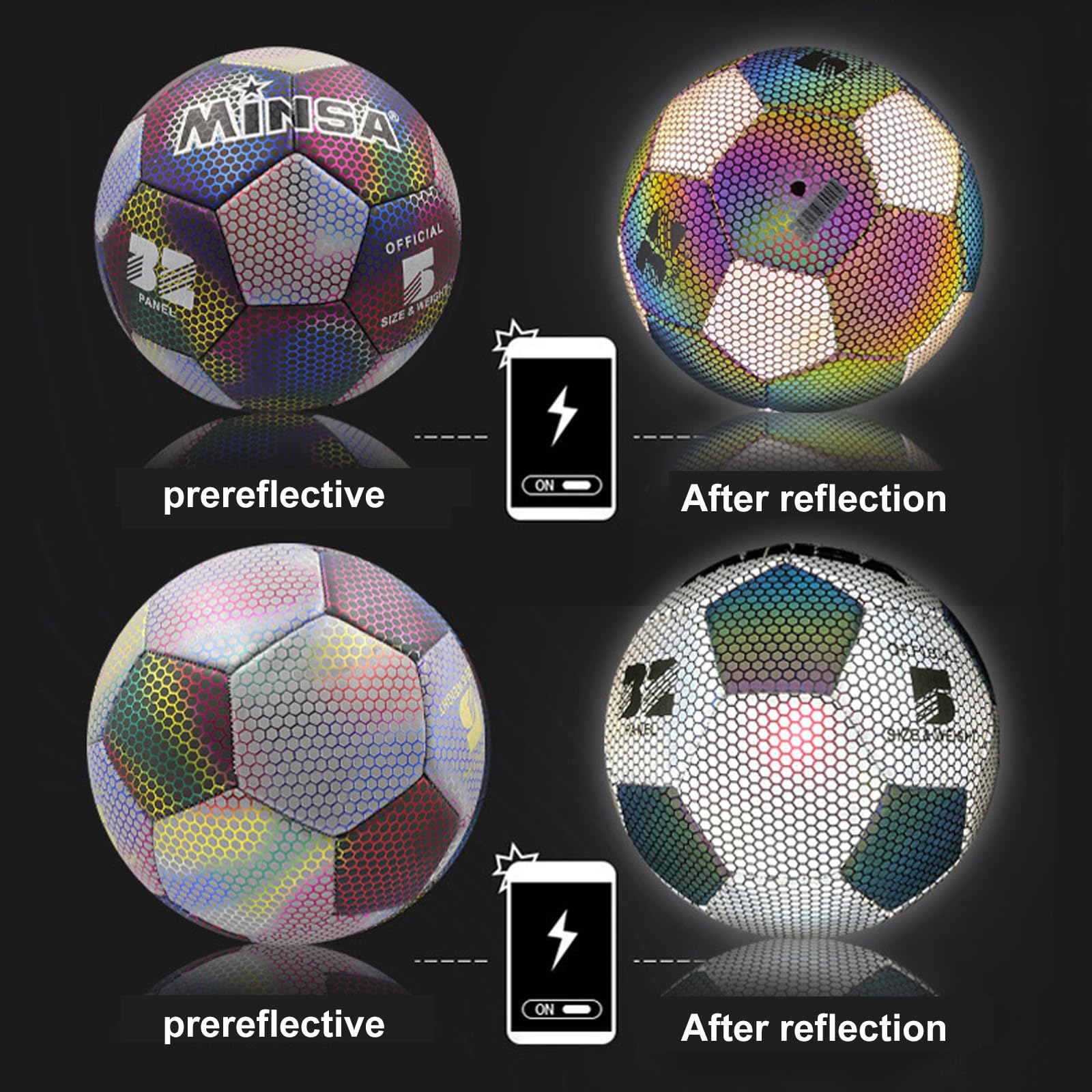 Balones de fútbol reflexivo de brillo nocturno para interior y exterior para el tren de equipo al aire libre