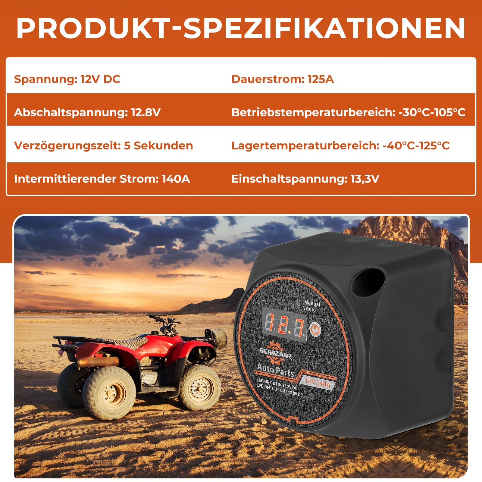 GEARMONSTER 12V/140A BSR vollautomatisches Batterie Trennrelais mit LCD Display, KFZ Camper Laderelais, Spannungsempfindliches Relais VSR Dual Battery Isolator für Auto, Wohnmobil, Boot