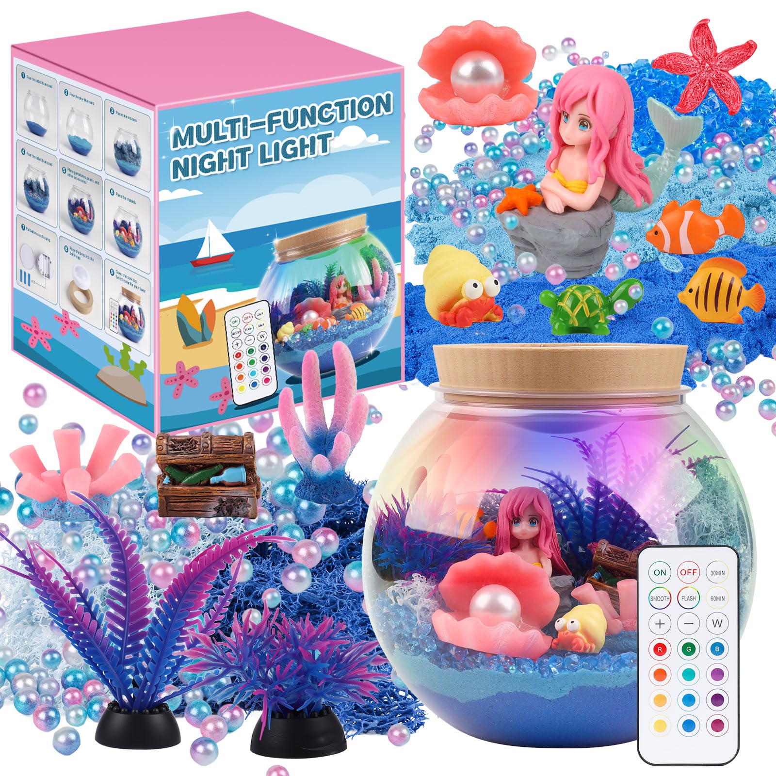 Mileonaim Mermaid Terrarium Kit for Kids - LED Night Light with Remote, DIY Arts and Crafts Birthday Gifts, Mermaid Gifts for Girls Ages 6-12