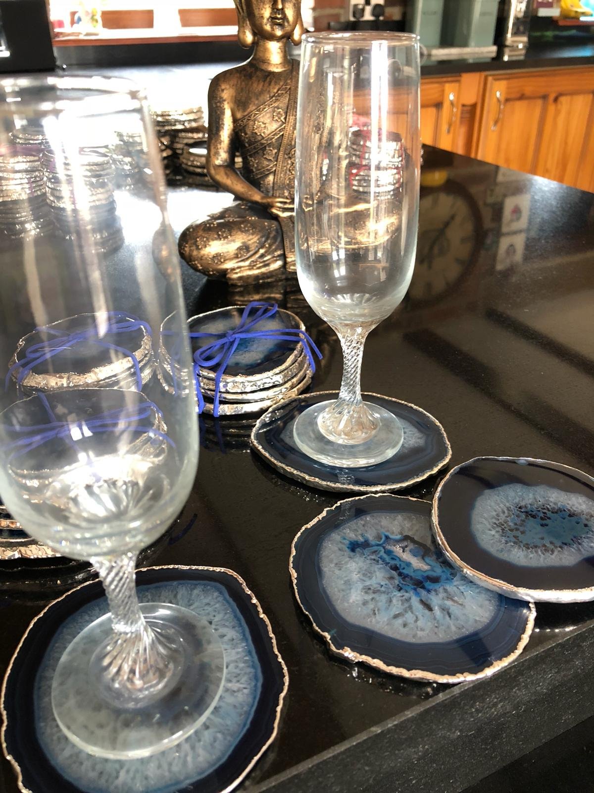 Jewel Crystals Blue Silver Blue Agate Silver Edge, Gilded, Microcrystalline Quartz Premium Coasters (Set Of 4) Gift