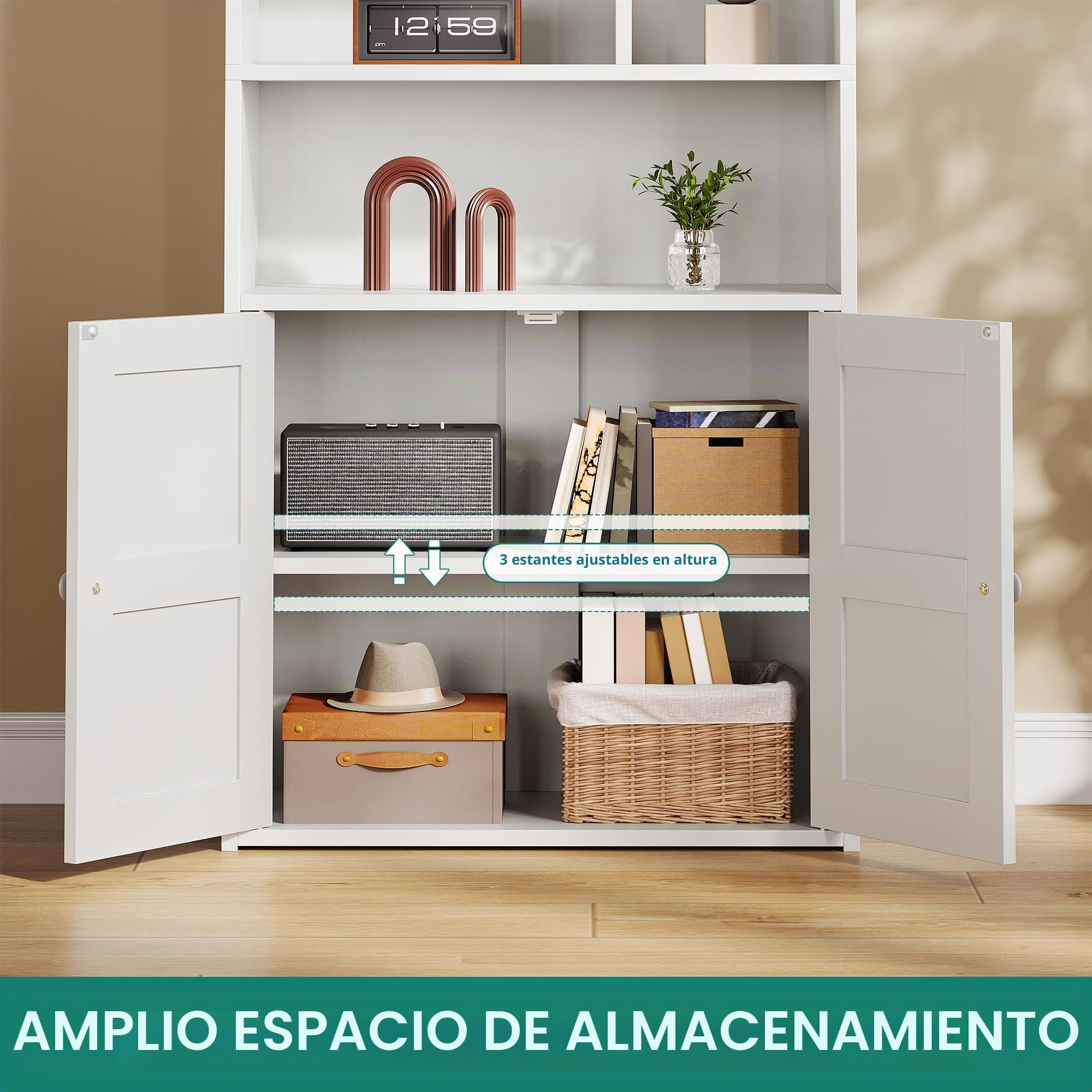 YITAHOME Librería de 4 Niveles con Puertas y Armario estantería de pie para Libros estantería con Compartimento Abierto para el hogar la Oficina, Blanca, 60 x 30 x 159 cm