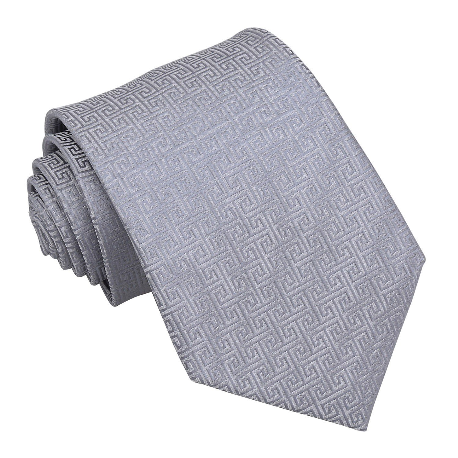 DQT Mens Greek Key Jacquard Tie - 9cm Classic Width Necktie - Wedding, Business & Formal - Silver