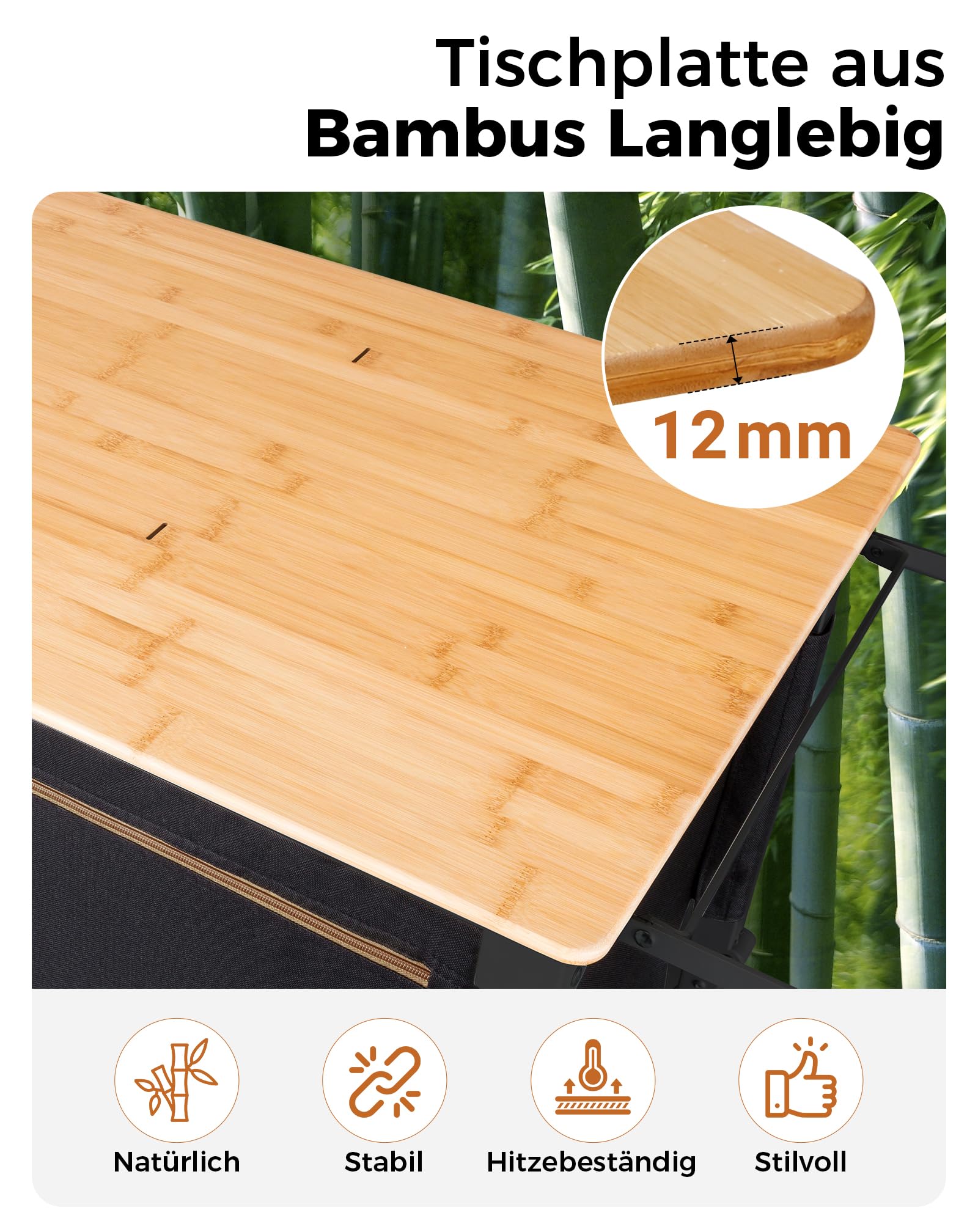 KingCamp Campingküche faltbar mit Bambus Campingschrank & Edelstahl Camping Kochgeschirr, Outdoor Küche mit Stauraum, Windschutz, Lampenhalter & Kochset für 3 Personen, ideal für Camping, BBQ&Picknick